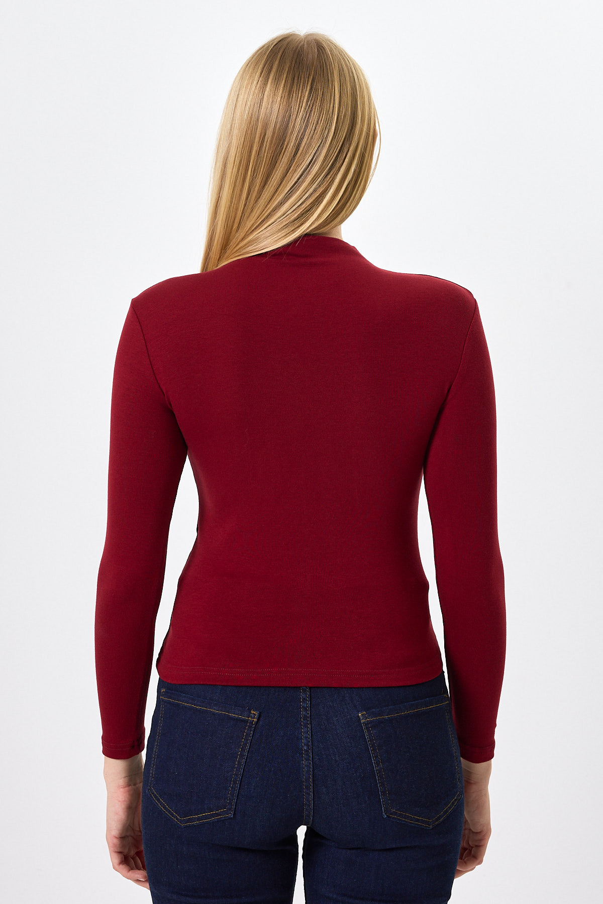 Bordo Uzun Kollu Yarım Balıkçı Yaka Dikiş Detaylı Kadın Body 8225A - 5