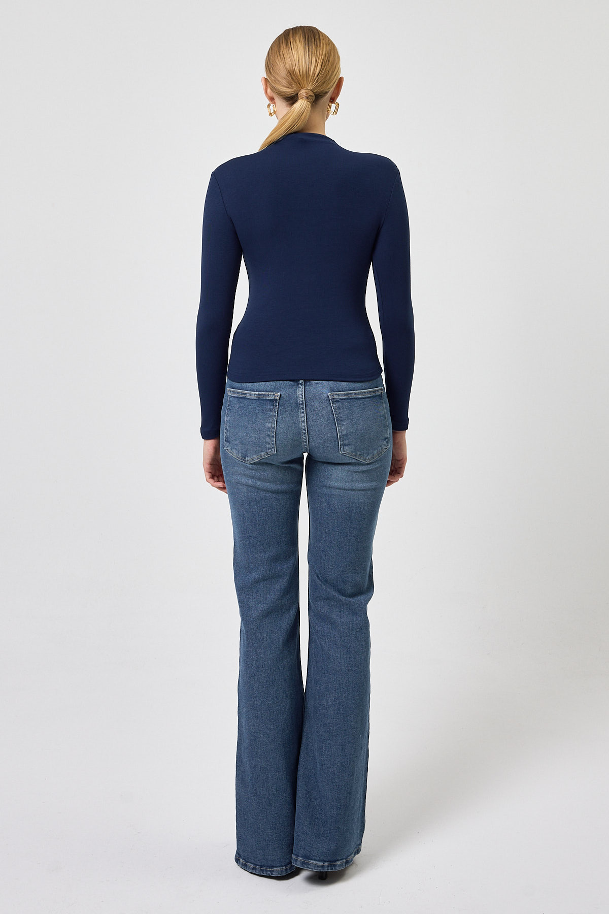 Lacivert Uzun Kollu Yarım Balıkçı Yaka Dikiş Detaylı Kadın Body 8225A - 5