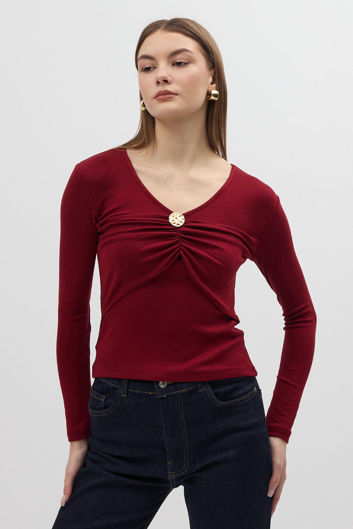 Bordo V Yaka Ön Düğme Detaylı Bluz 8226A - 6