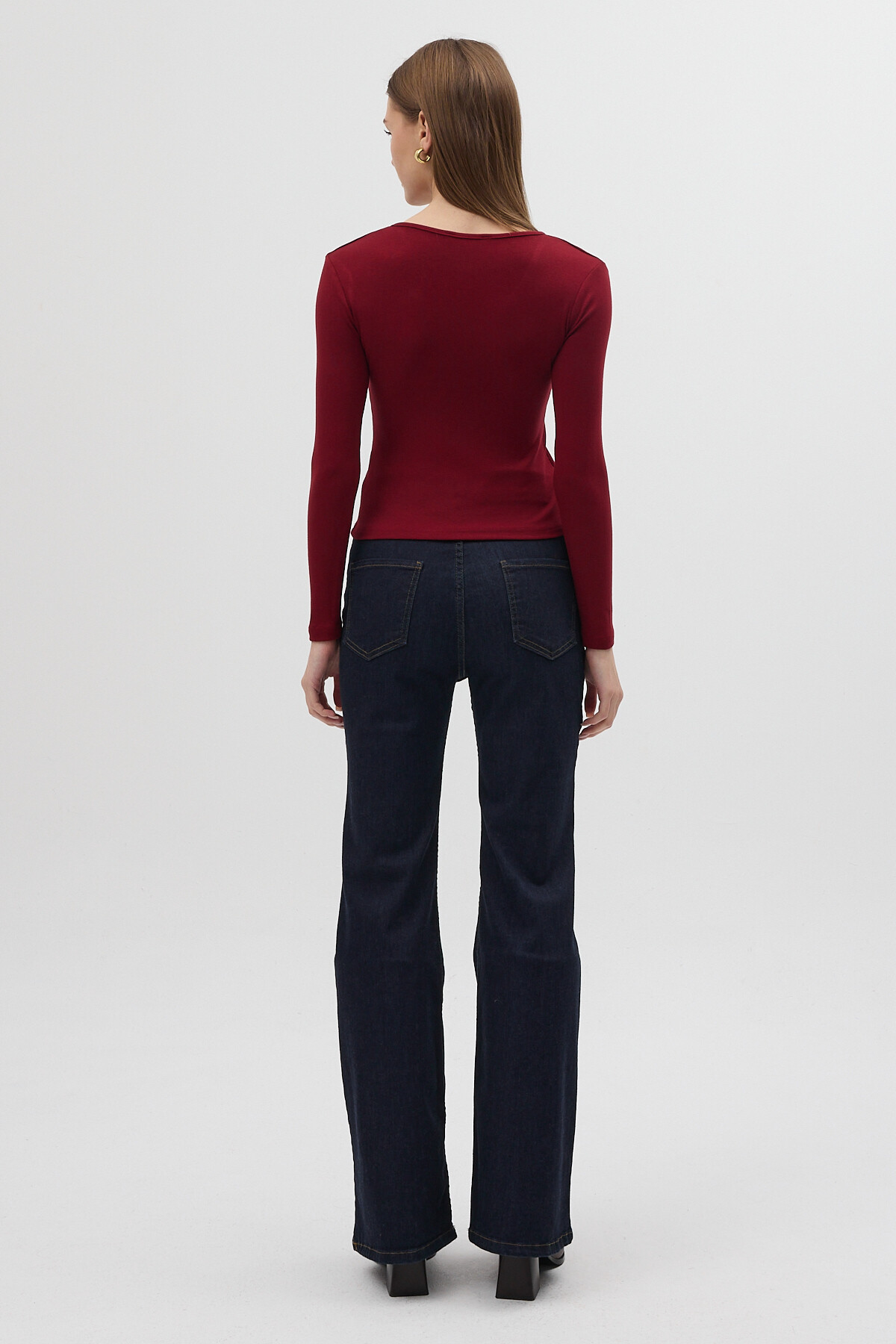Bordo V Yaka Ön Düğme Detaylı Bluz 8226A - 5