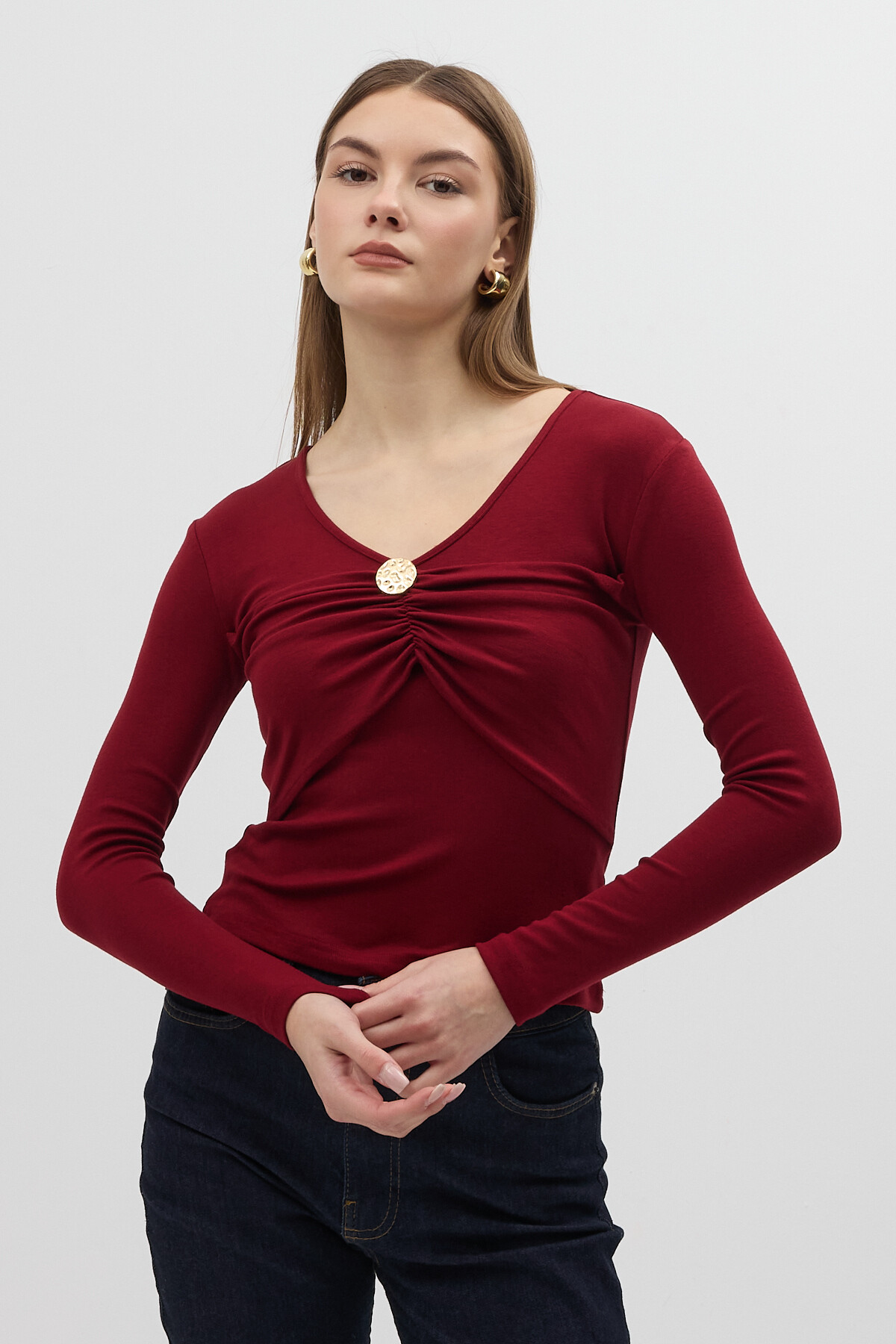 Bordo V Yaka Ön Düğme Detaylı Bluz 8226A - 1