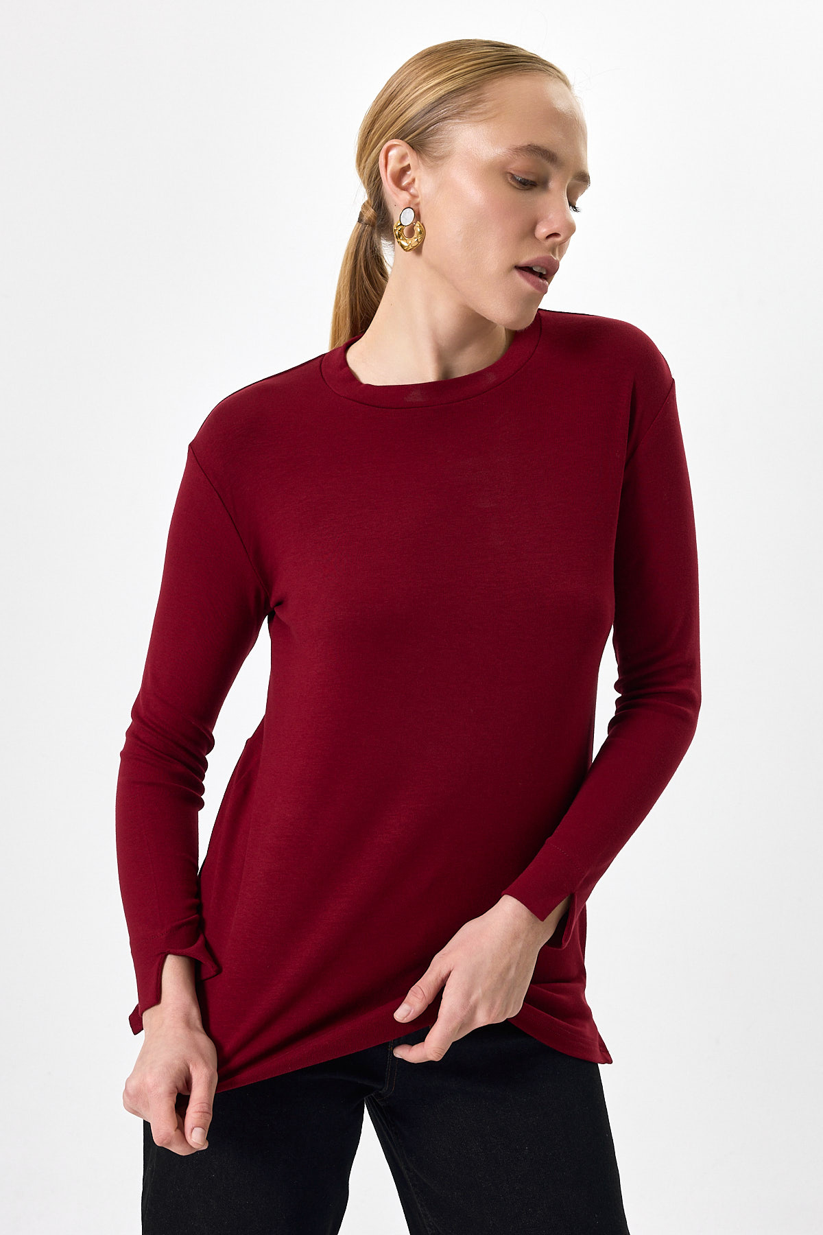 Bordo Bisiklet Yaka Yan Yırtmaçlı Tunik 8229A - 1