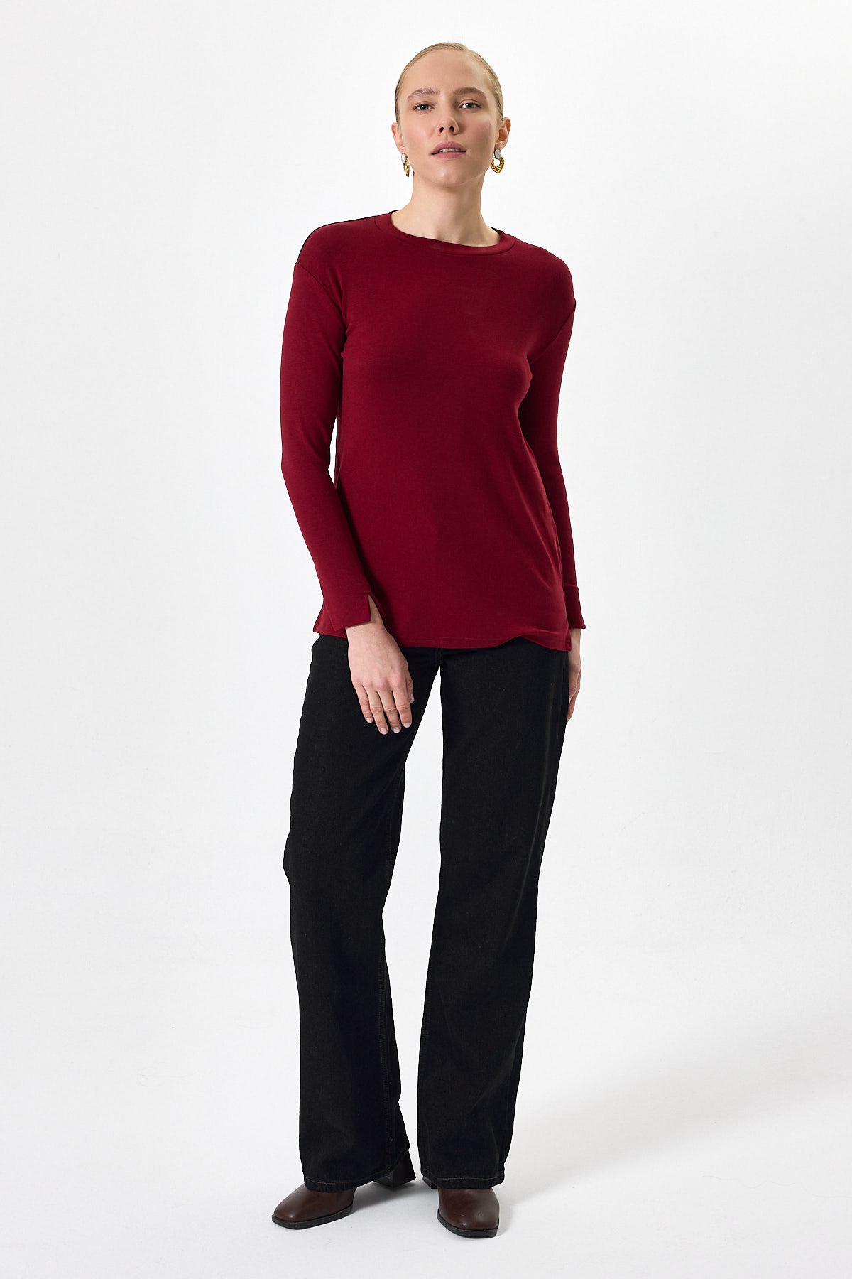 Bordo Bisiklet Yaka Yan Yırtmaçlı Tunik 8229A - RAYS