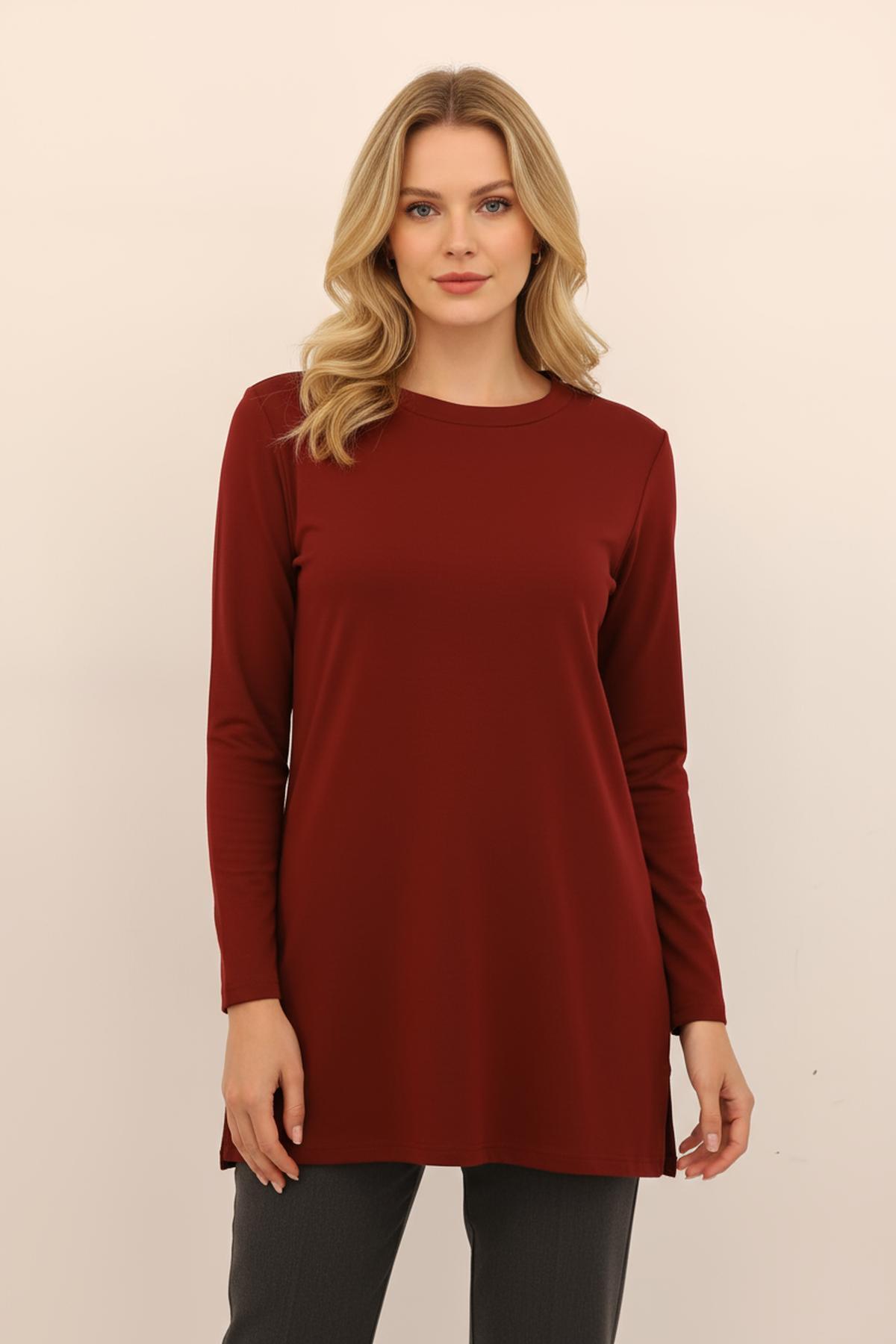 8229A Bisiklet Yak Yırtmaçlı Tunik Bordo - RAYS
