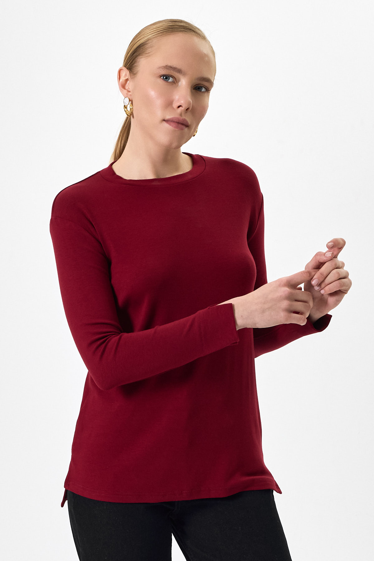 Bordo Bisiklet Yaka Yan Yırtmaçlı Tunik 8229A - 6