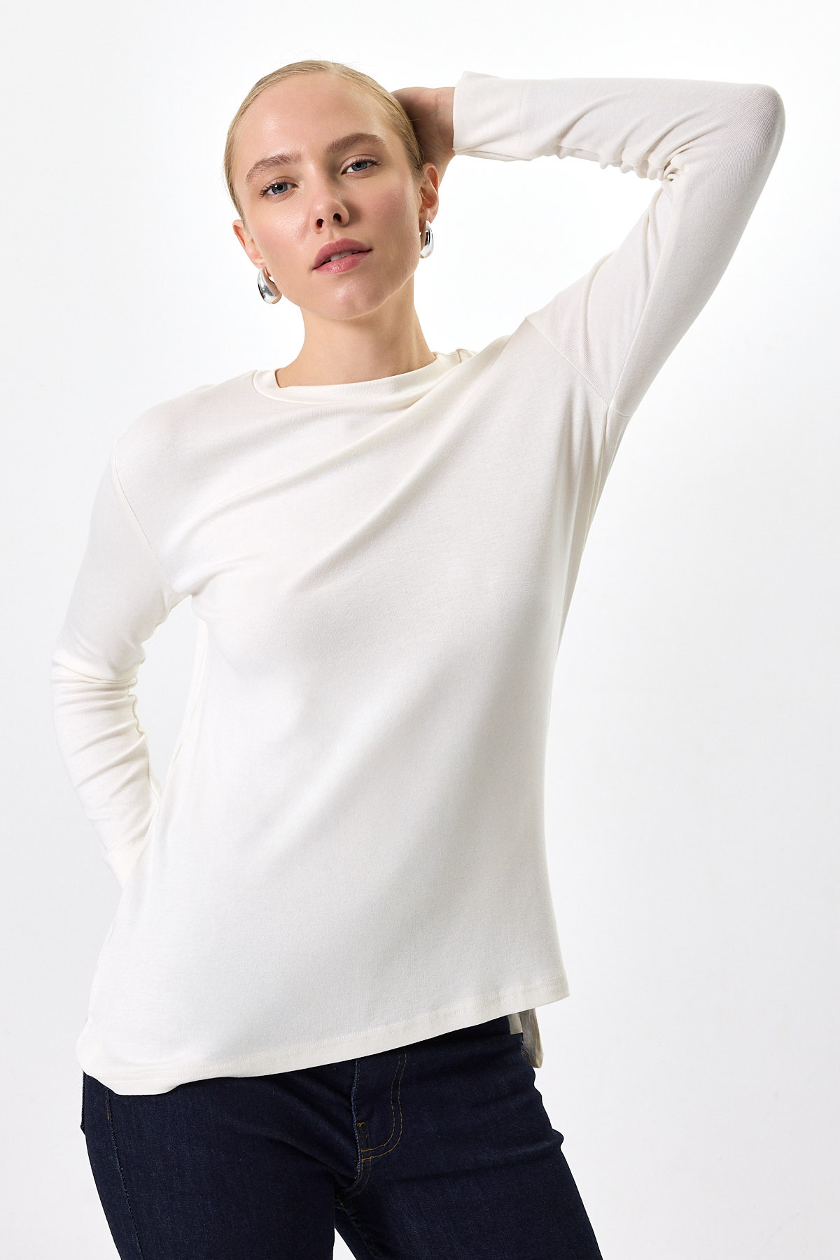 Ekru Bisiklet Yaka Yan Yırtmaçlı Tunik 8229A - 1