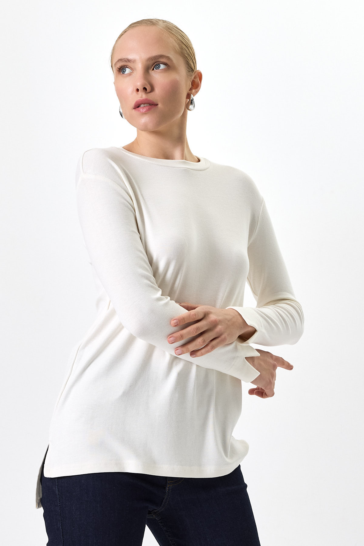 Ekru Bisiklet Yaka Yan Yırtmaçlı Tunik 8229A - 6