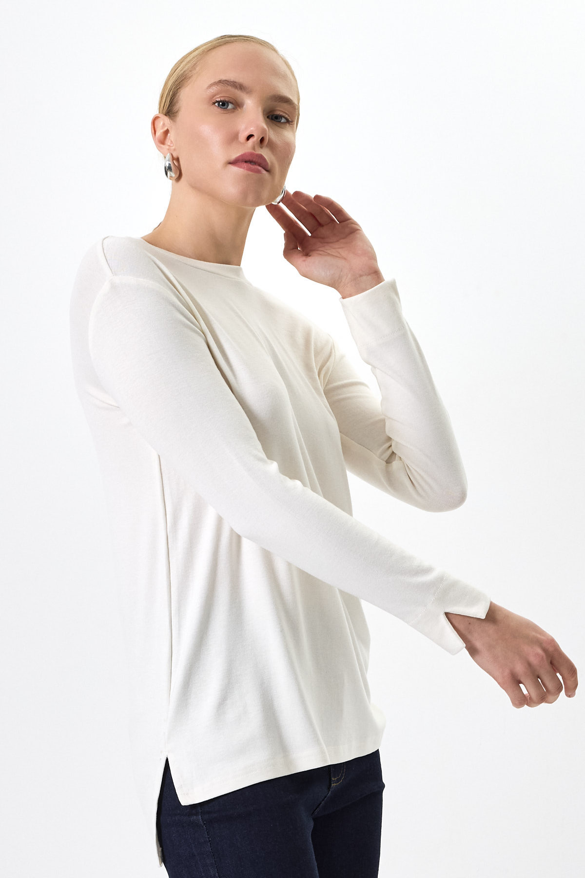 Ekru Bisiklet Yaka Yan Yırtmaçlı Tunik 8229A - 7