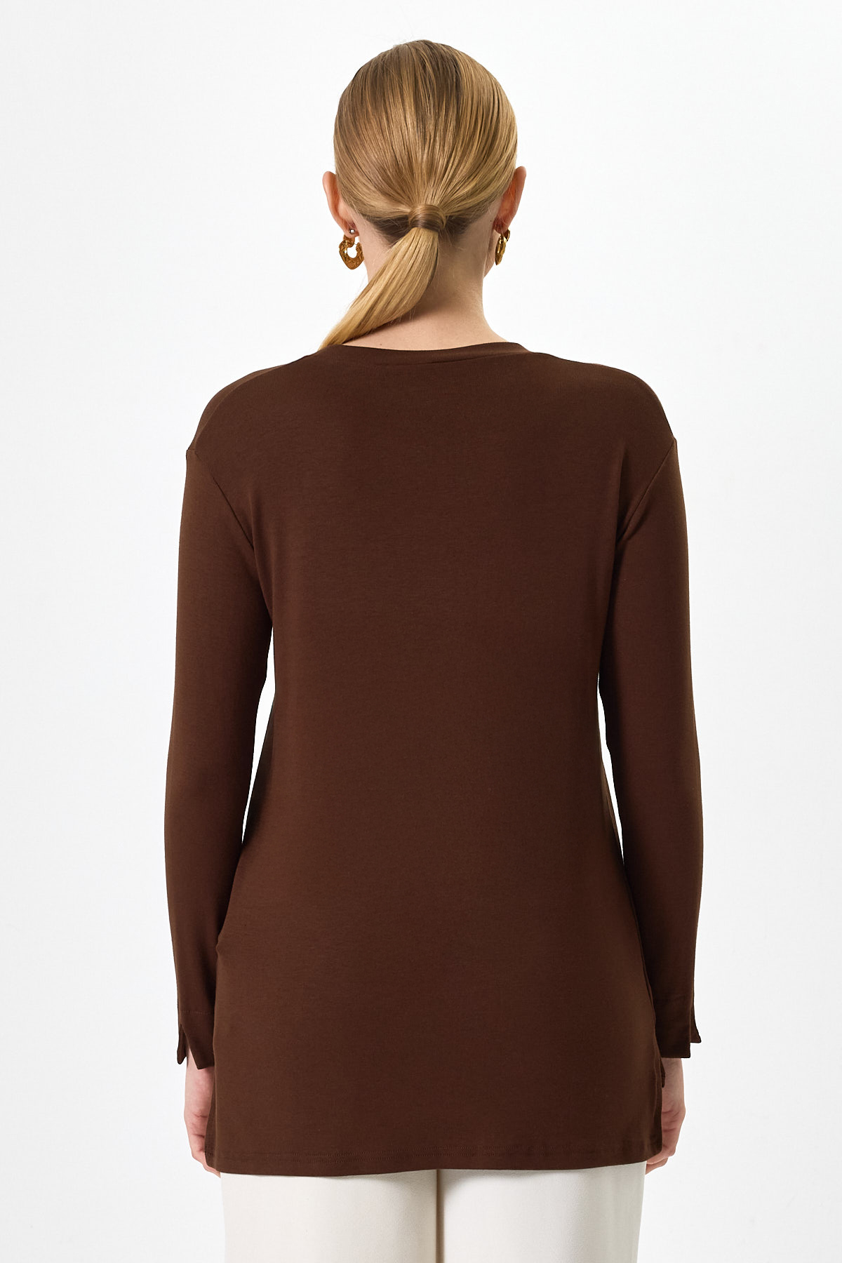 Kahverengi Bisiklet Yaka Yan Yırtmaçlı Tunik 8229A - 5