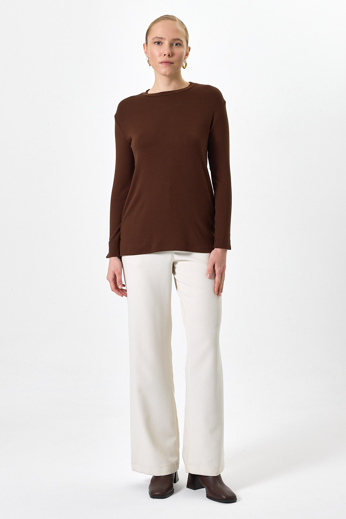 Kahverengi Bisiklet Yaka Yan Yırtmaçlı Tunik 8229A - RAYS