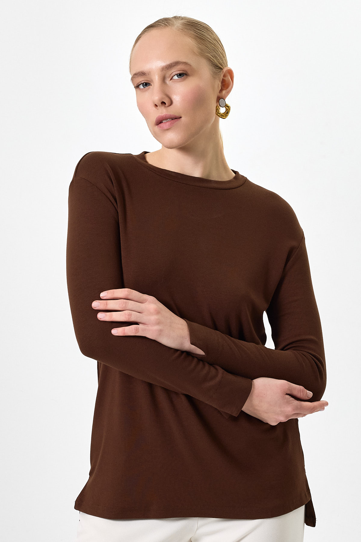 Kahverengi Bisiklet Yaka Yan Yırtmaçlı Tunik 8229A - 2