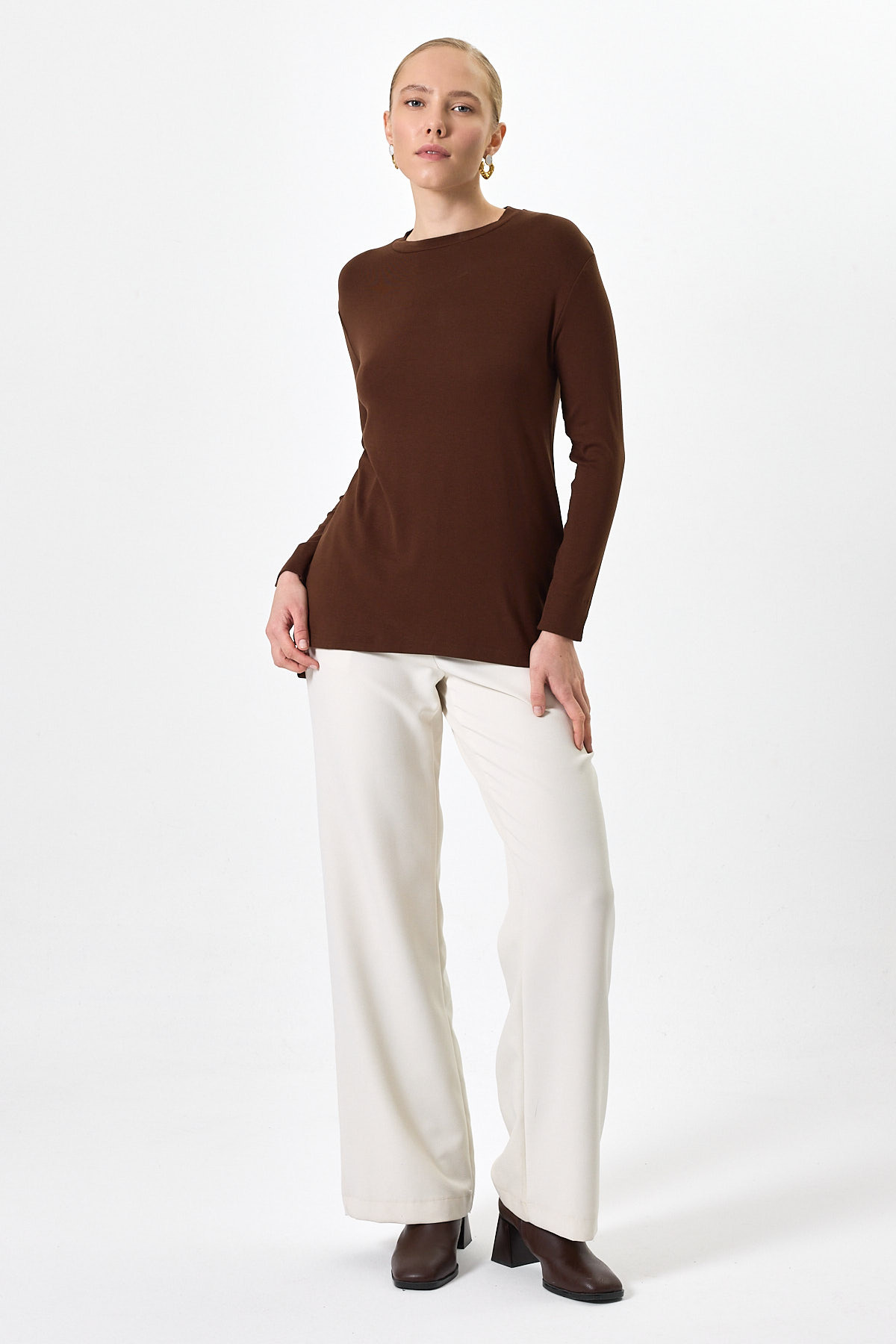 Kahverengi Bisiklet Yaka Yan Yırtmaçlı Tunik 8229A - 7