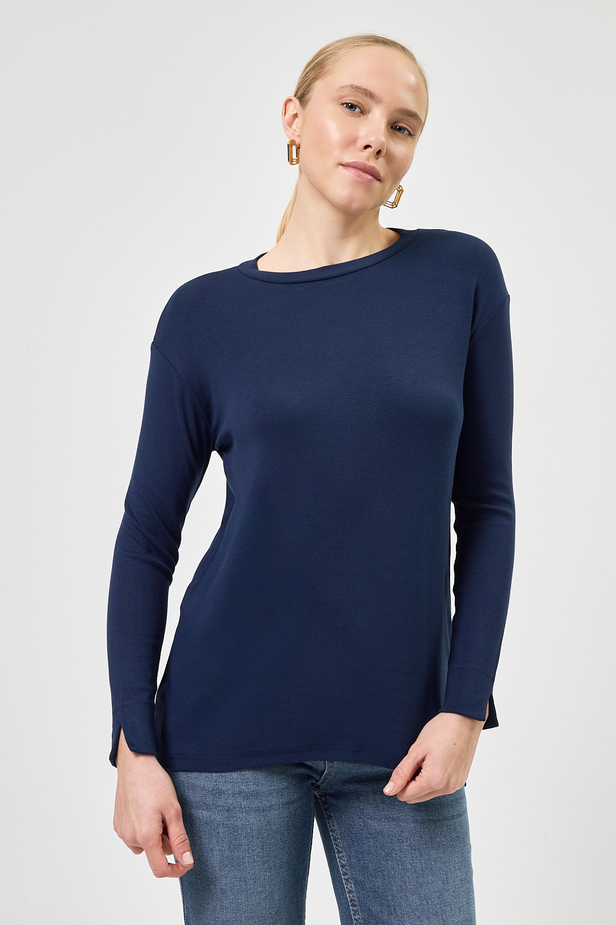 Lacivert Bisiklet Yaka Yan Yırtmaçlı Tunik 8229A - 1