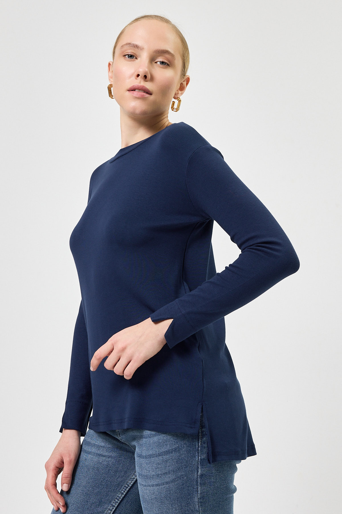 Lacivert Bisiklet Yaka Yan Yırtmaçlı Tunik 8229A - RAYS