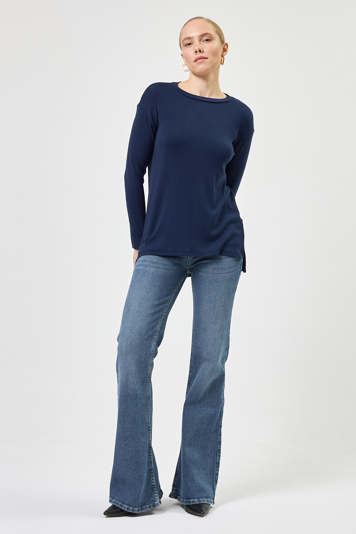 Lacivert Bisiklet Yaka Yan Yırtmaçlı Tunik 8229A - RAYS