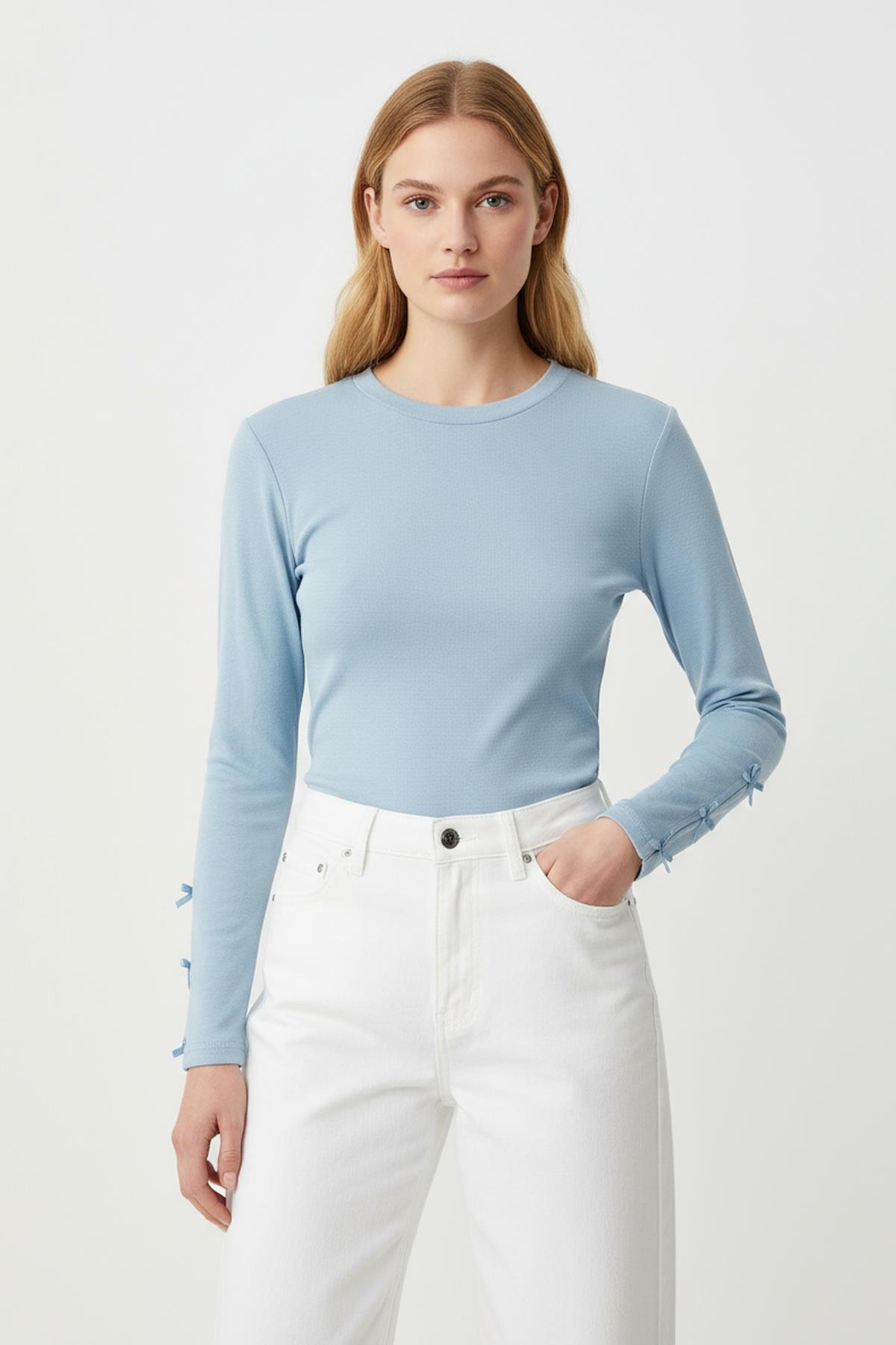 8232A Kol Kurdele Detay Bluz Mavi - 1