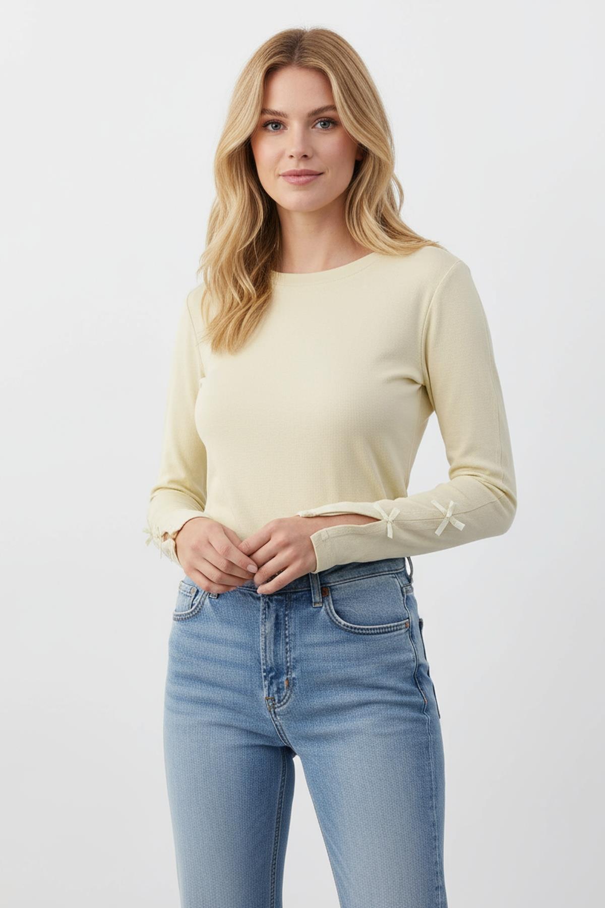 8232A Kol Kurdele Detay Bluz Sarı - 1