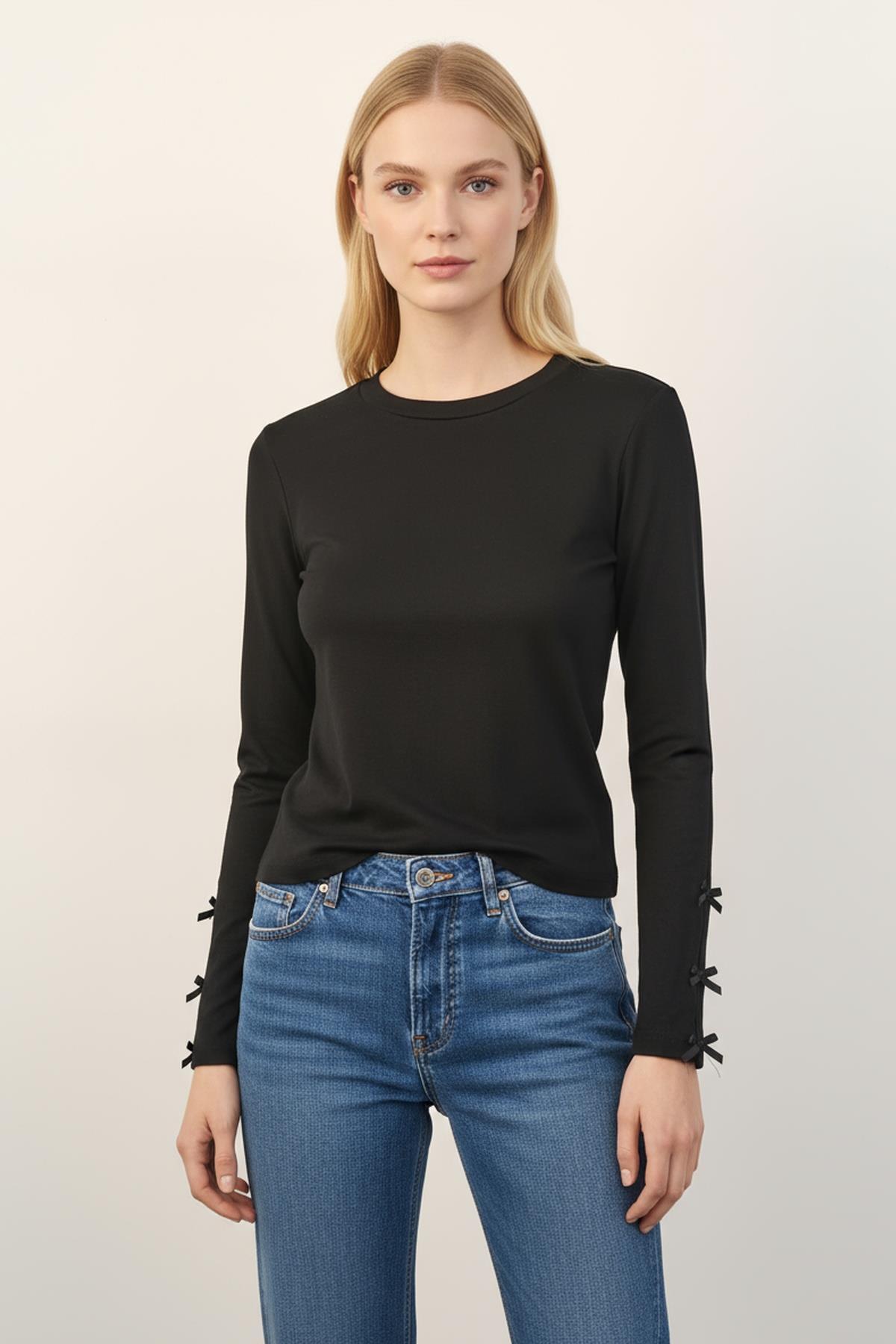 8232A Kol Kurdele Detay Bluz Siyah - 1
