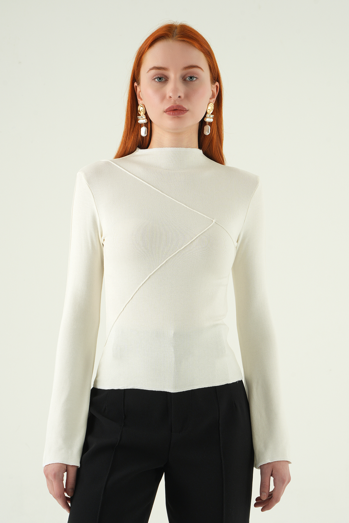 8238A Bisiklet Yaka Ön Çimalı Bluz Ekru - 2