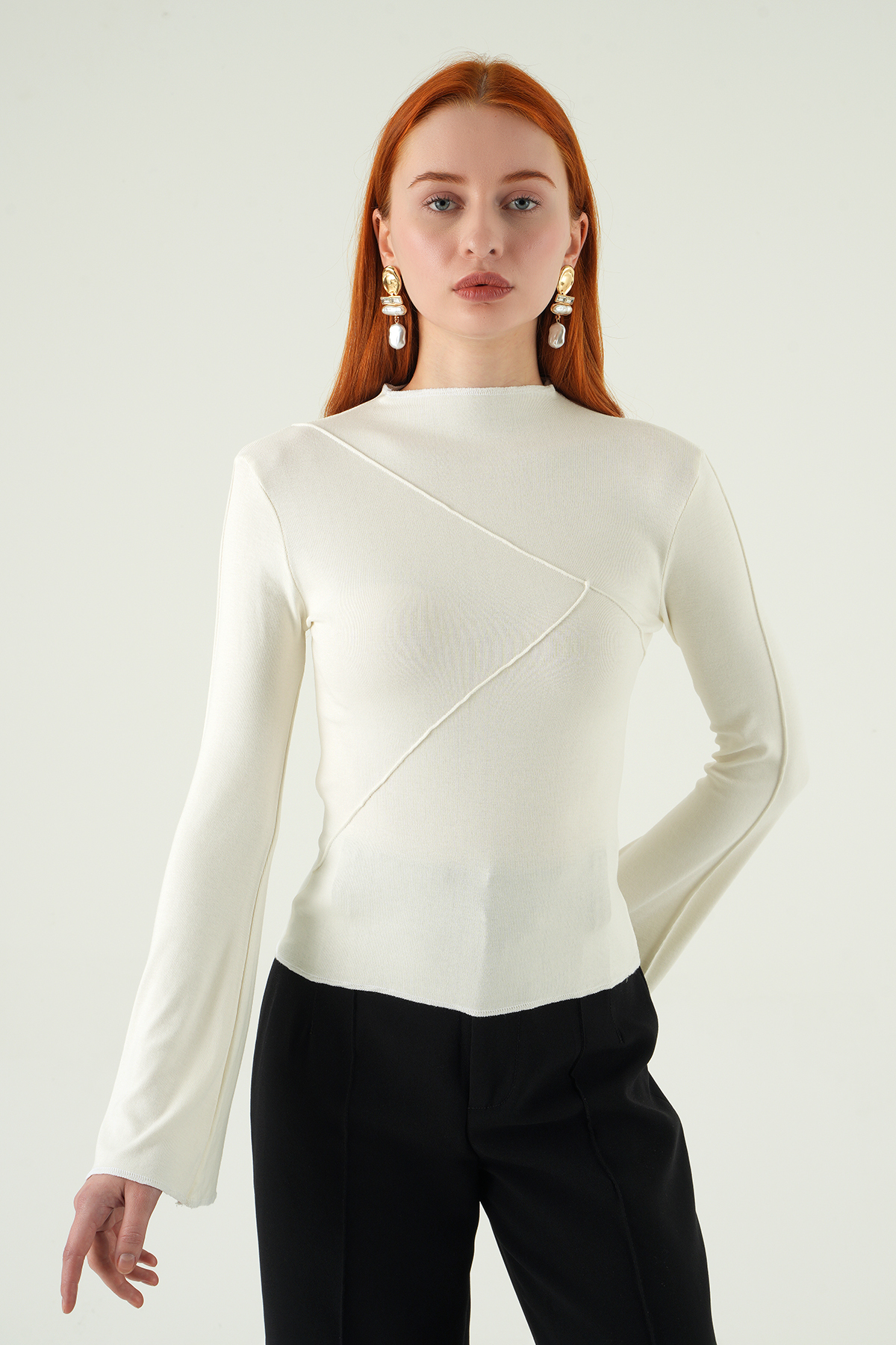 8238A Bisiklet Yaka Ön Çimalı Bluz Ekru - 6