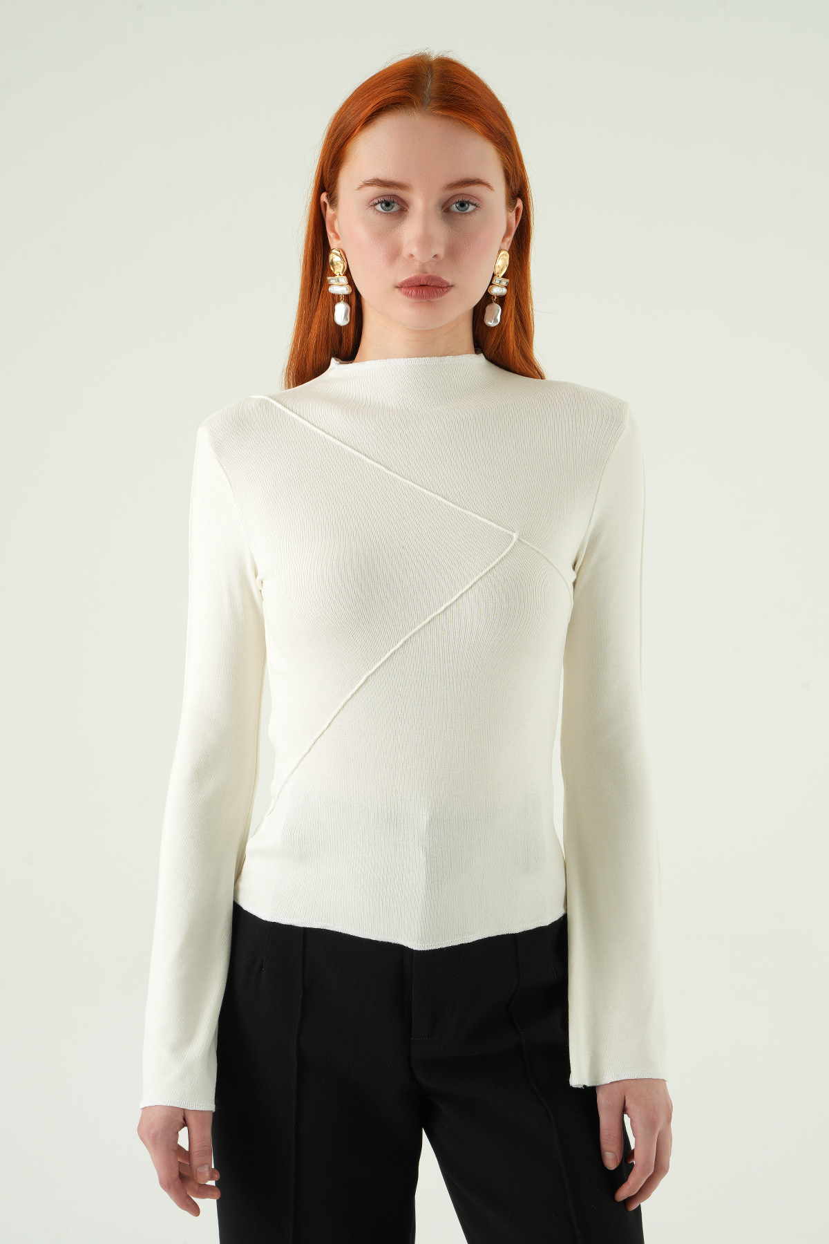 8238A Bisiklet Yaka Ön Çimalı Bluz Ekru - 7