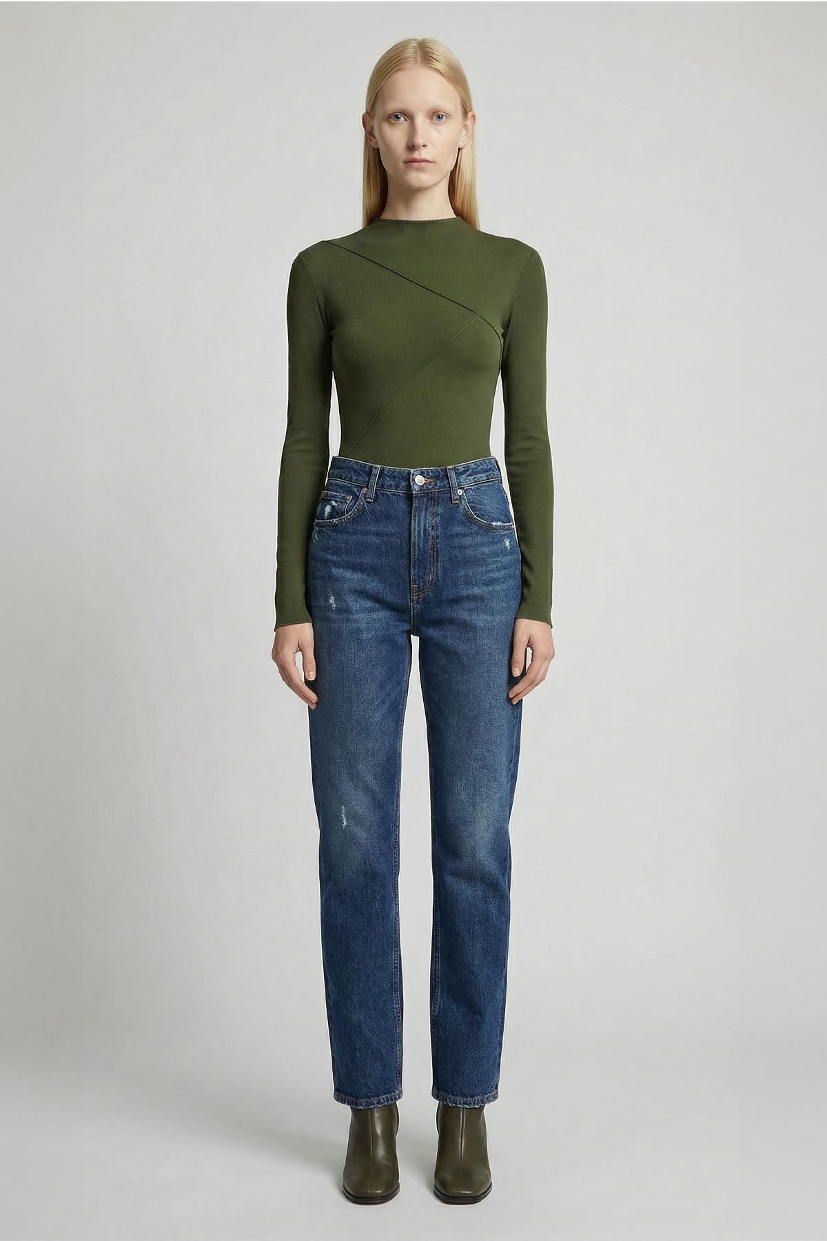 8238A Bisiklet Yaka Ön Çimalı Bluz Haki - 1