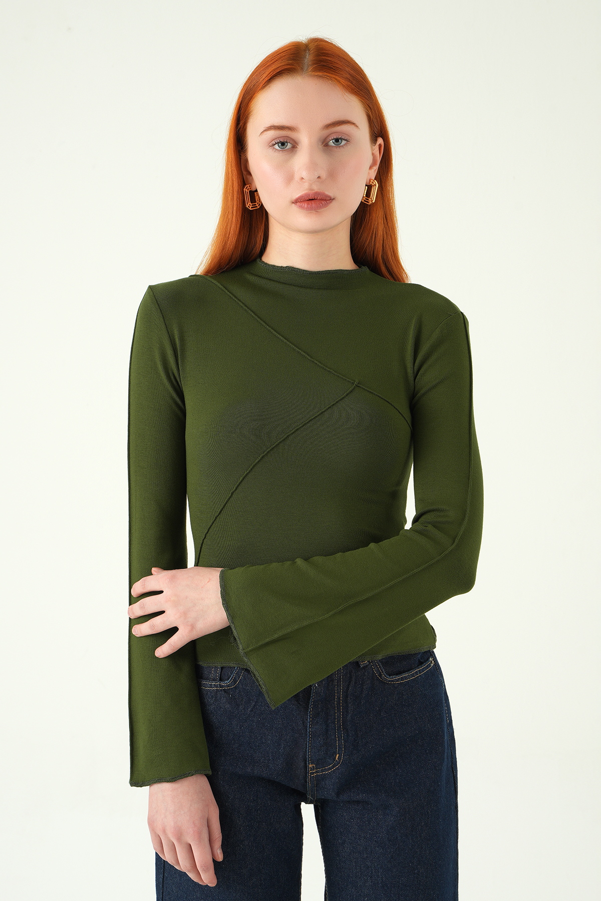 8238A Bisiklet Yaka Ön Çimalı Bluz Haki 