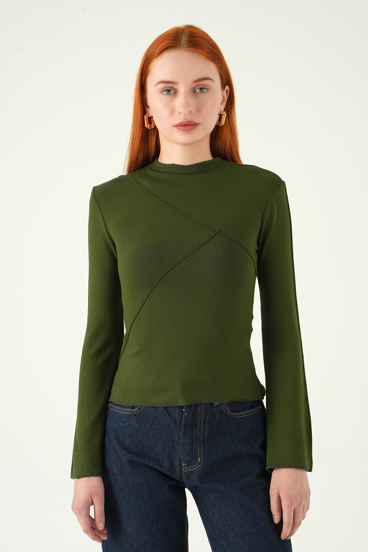 8238A Bisiklet Yaka Ön Çimalı Bluz Haki - 2