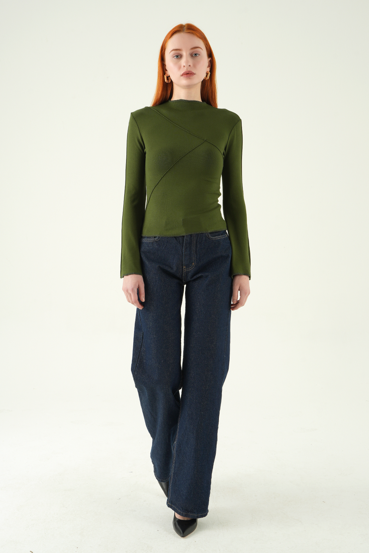 8238A Bisiklet Yaka Ön Çimalı Bluz Haki - 3