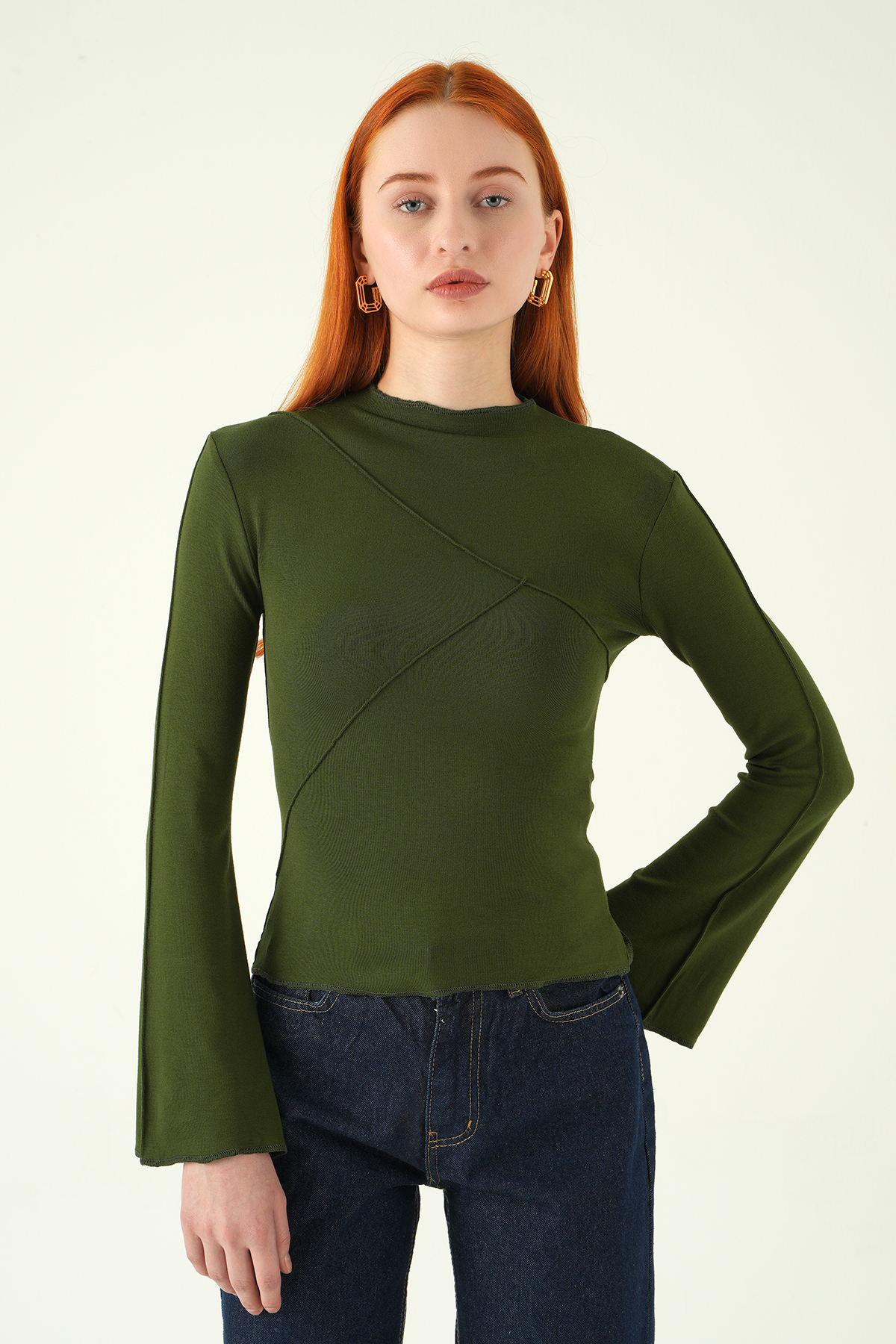 8238A Bisiklet Yaka Ön Çimalı Bluz Haki - 6