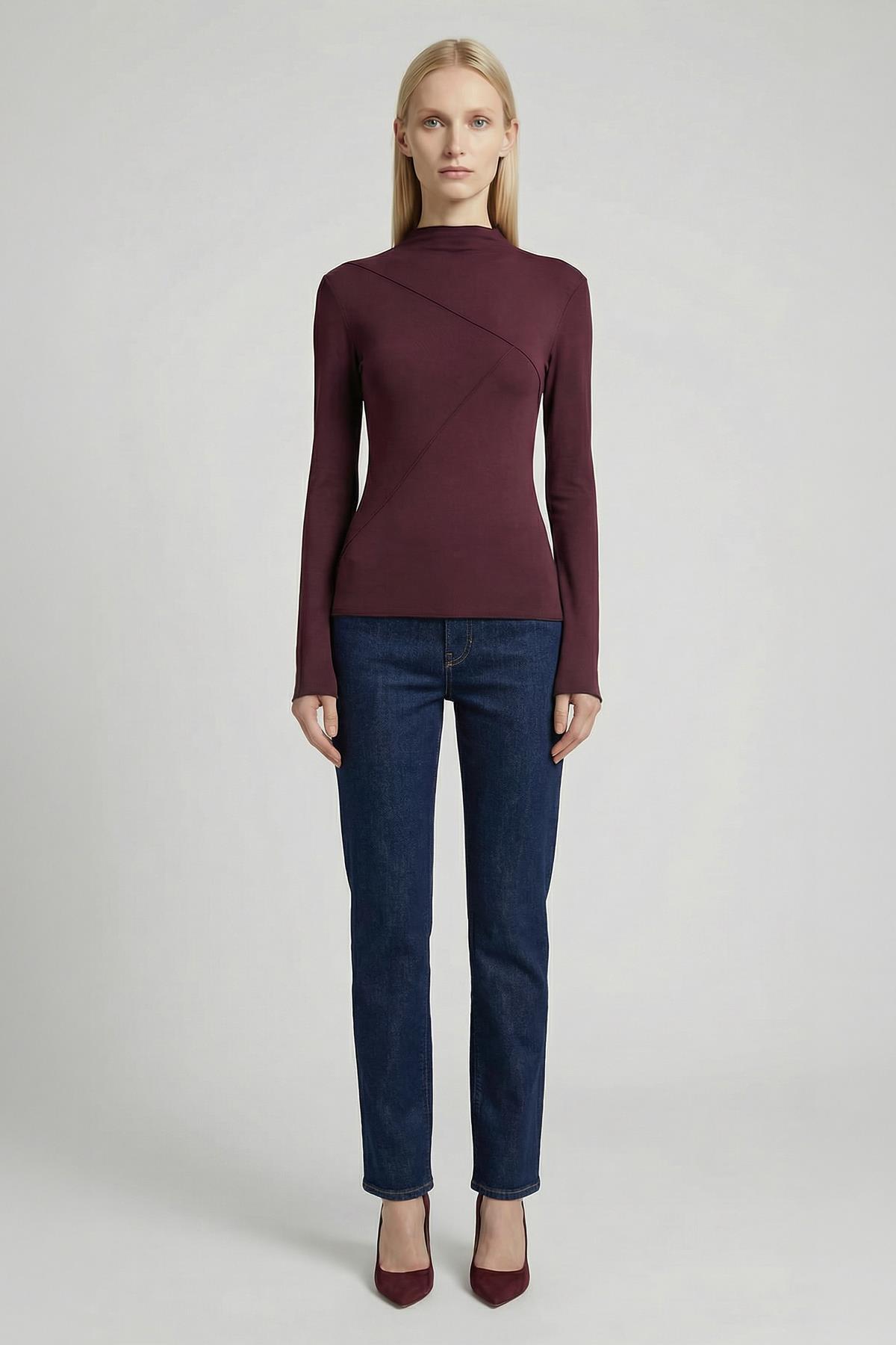 8238A Bisiklet Yaka Ön Çimalı Bluz Mürdüm - RAYS