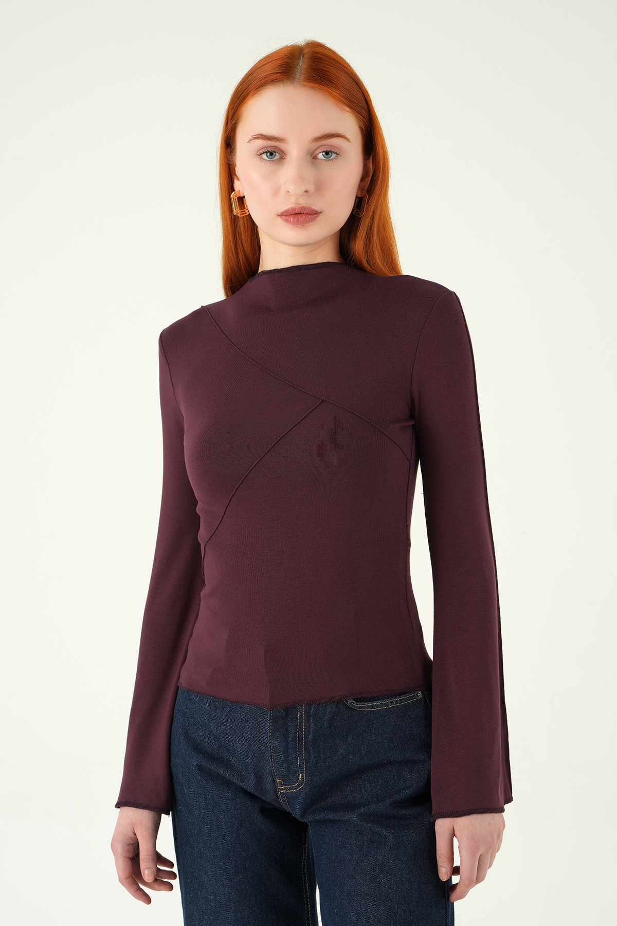 8238A Bisiklet Yaka Ön Çimalı Bluz Mürdüm 