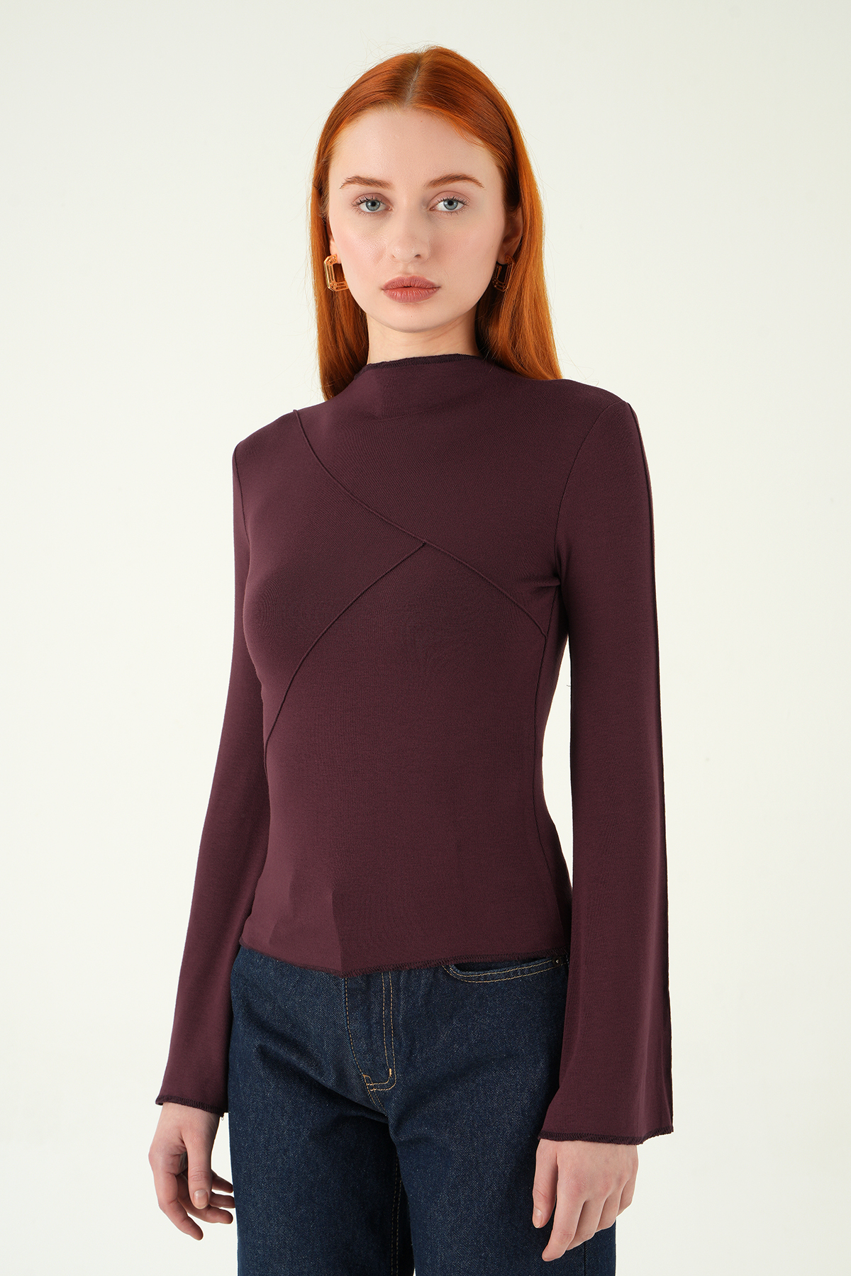 8238A Bisiklet Yaka Ön Çimalı Bluz Mürdüm - 2