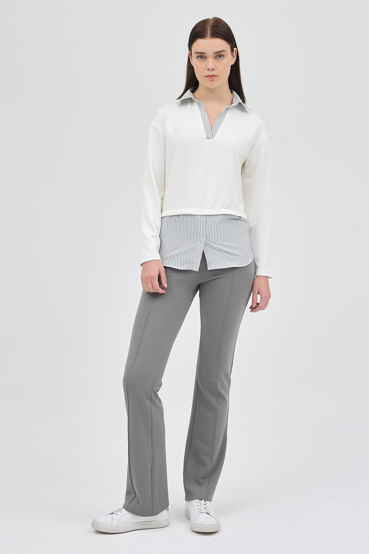 Ekru Gömlek Yaka Detaylı Triko Bluz 8241A - 3