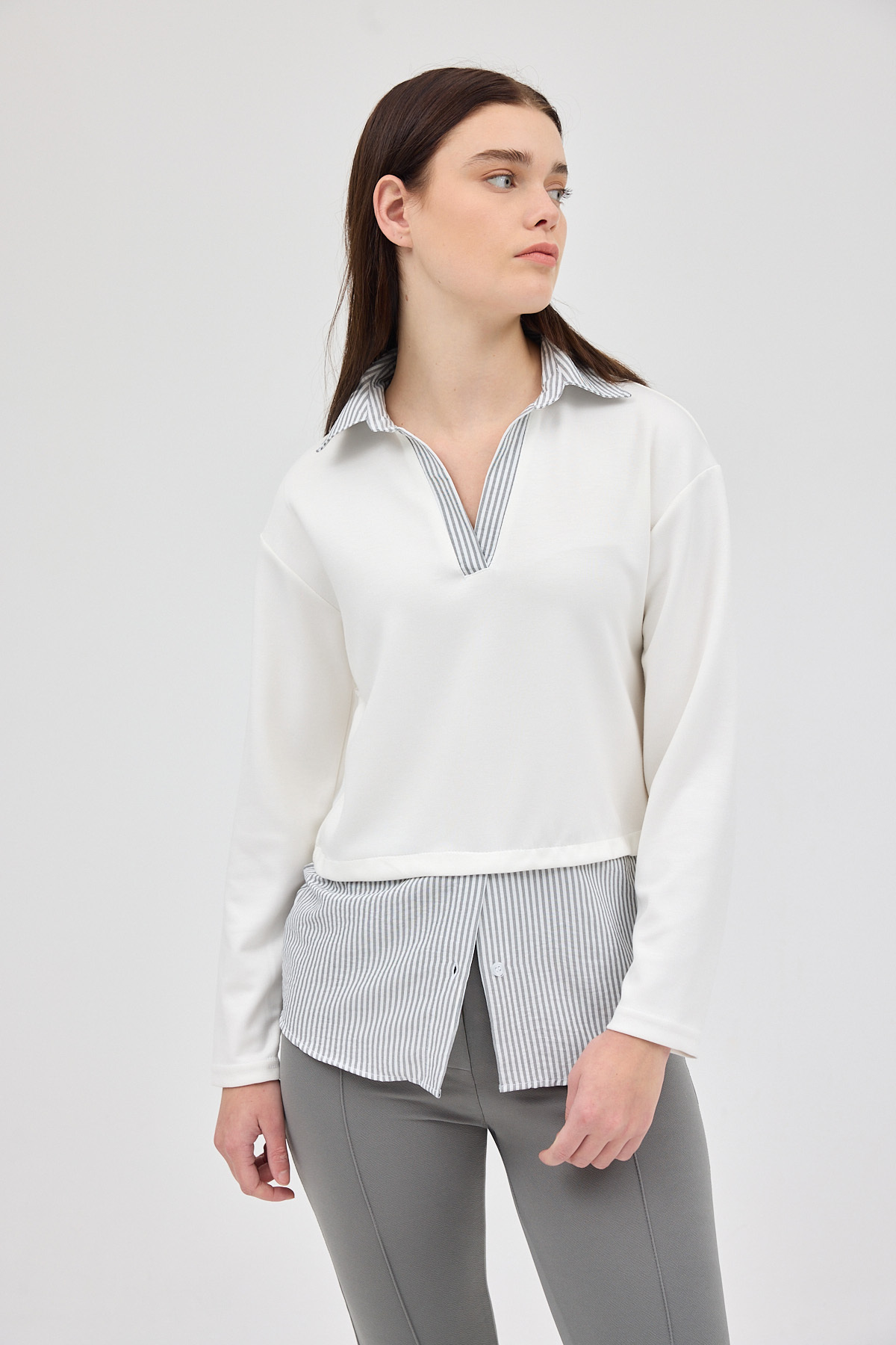 Ekru Gömlek Yaka Detaylı Triko Bluz 8241A - 6