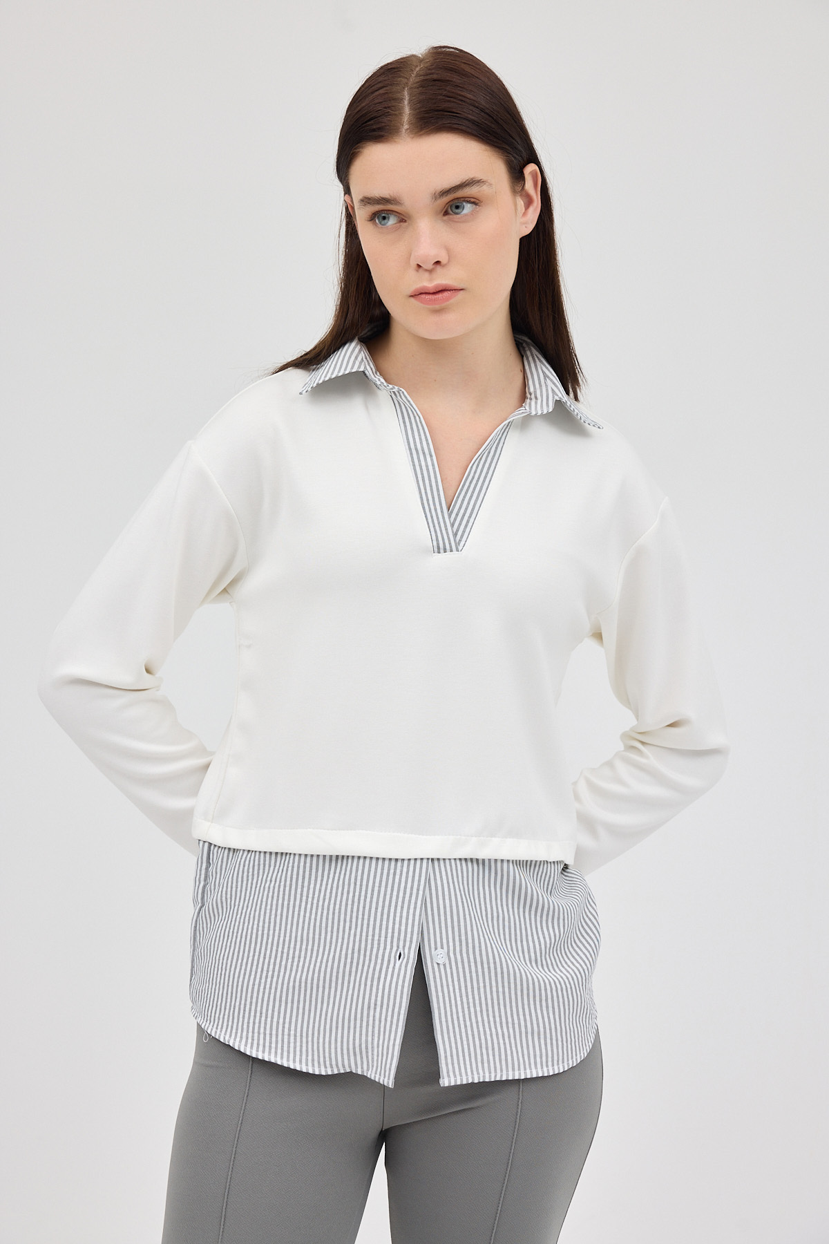 Ekru Gömlek Yaka Detaylı Triko Bluz 8241A - 1