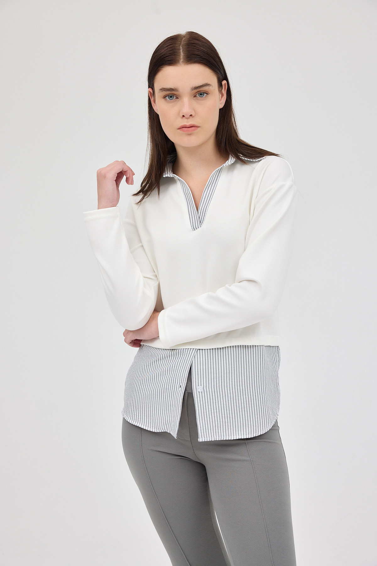 Ekru Gömlek Yaka Detaylı Triko Bluz 8241A - 7