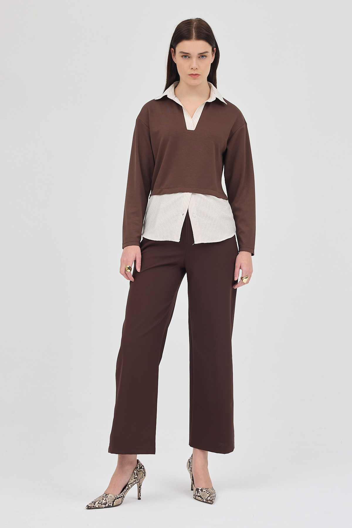 Kahve Gömlek Yaka Detaylı Triko Bluz 8241A - RAYS