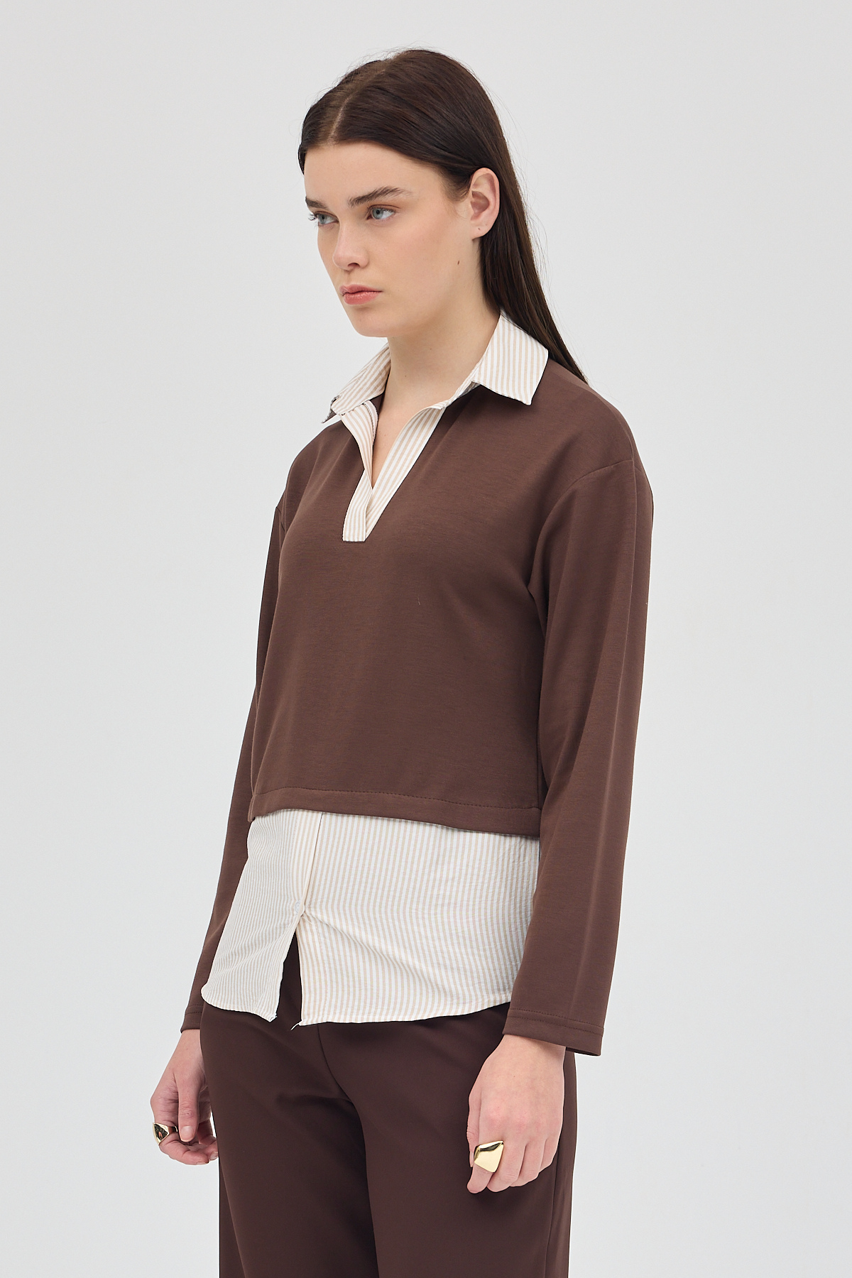 Kahve Gömlek Yaka Detaylı Triko Bluz 8241A - RAYS