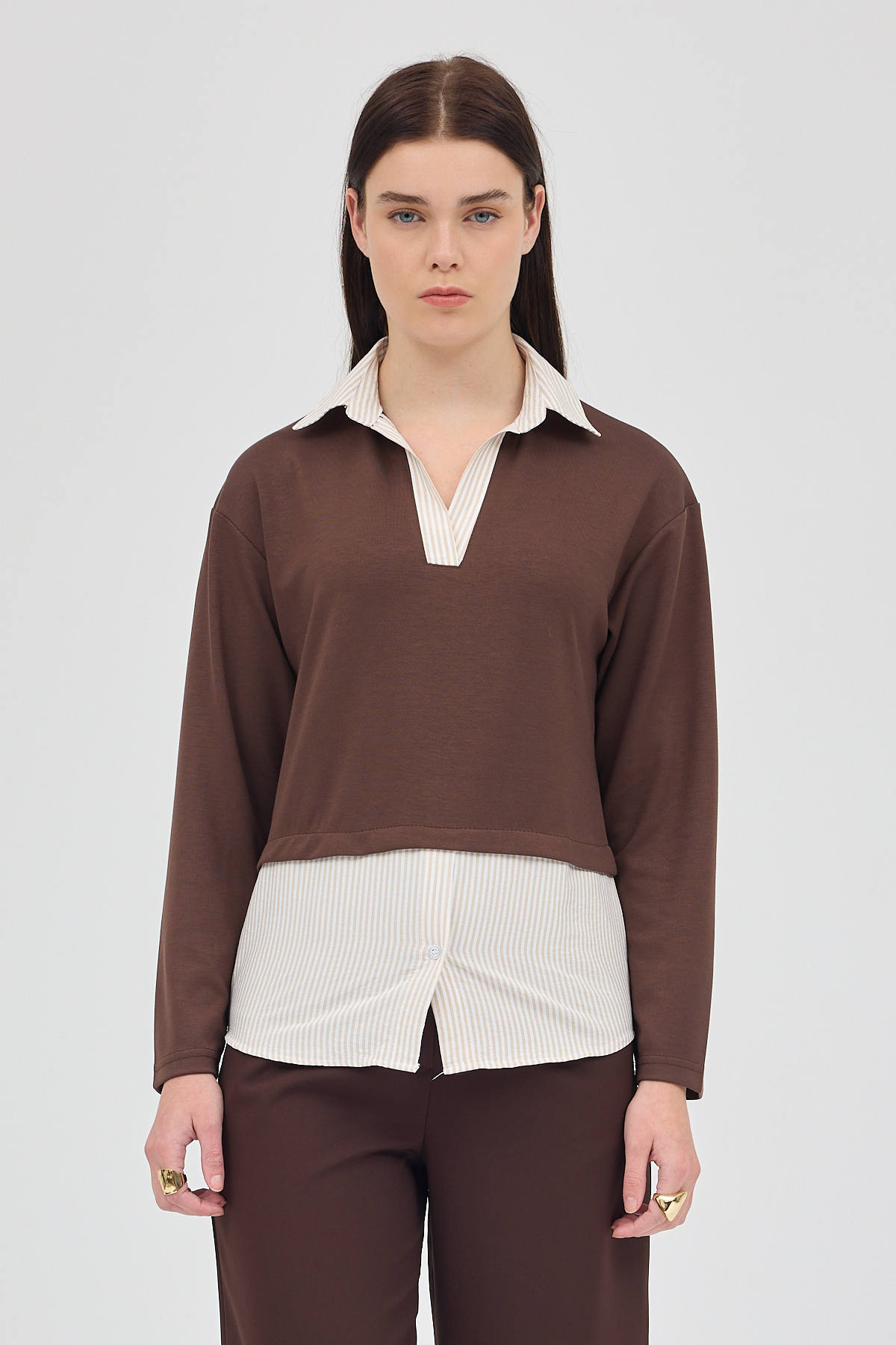 Kahve Gömlek Yaka Detaylı Triko Bluz 8241A - 6