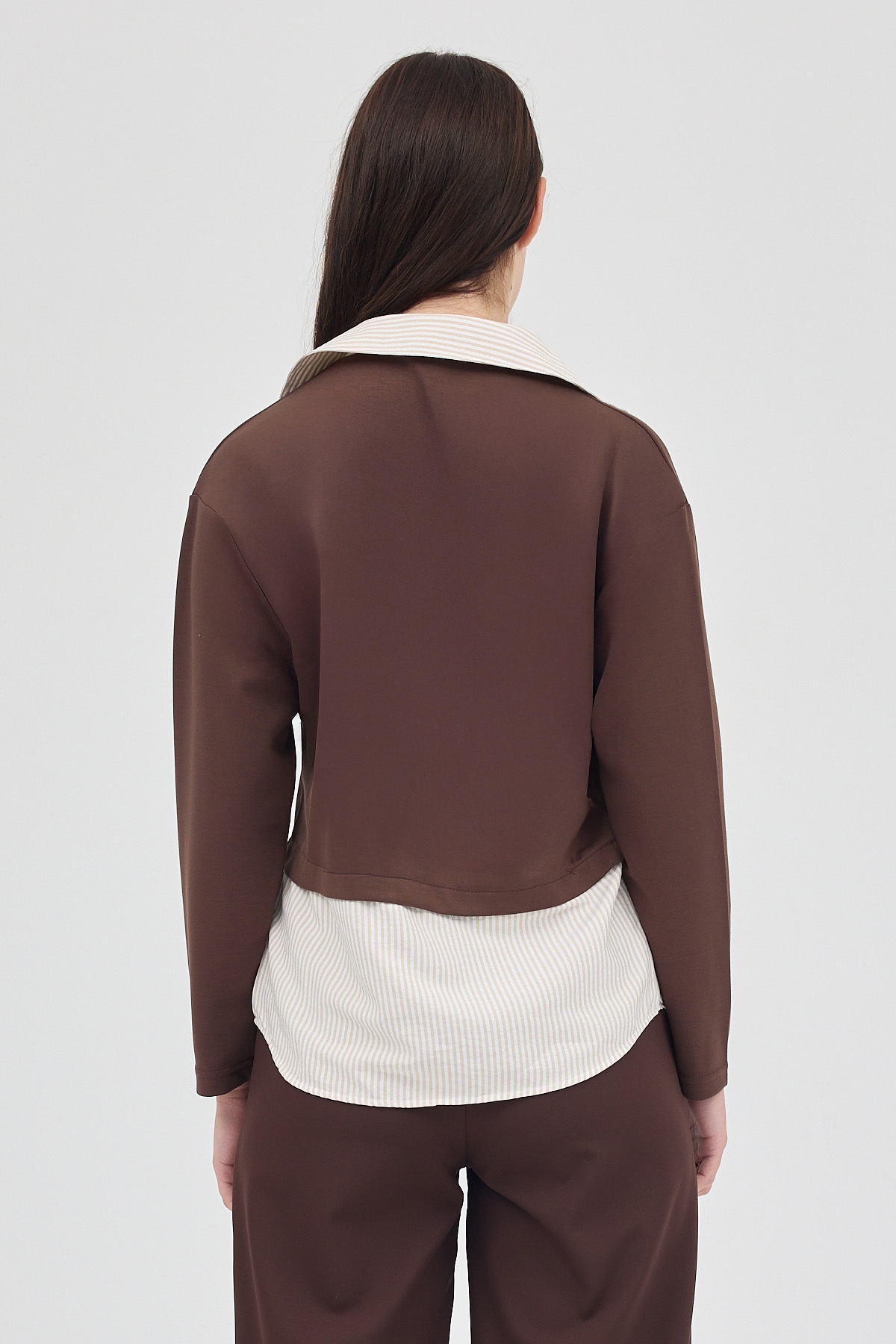 Kahve Gömlek Yaka Detaylı Triko Bluz 8241A - 5
