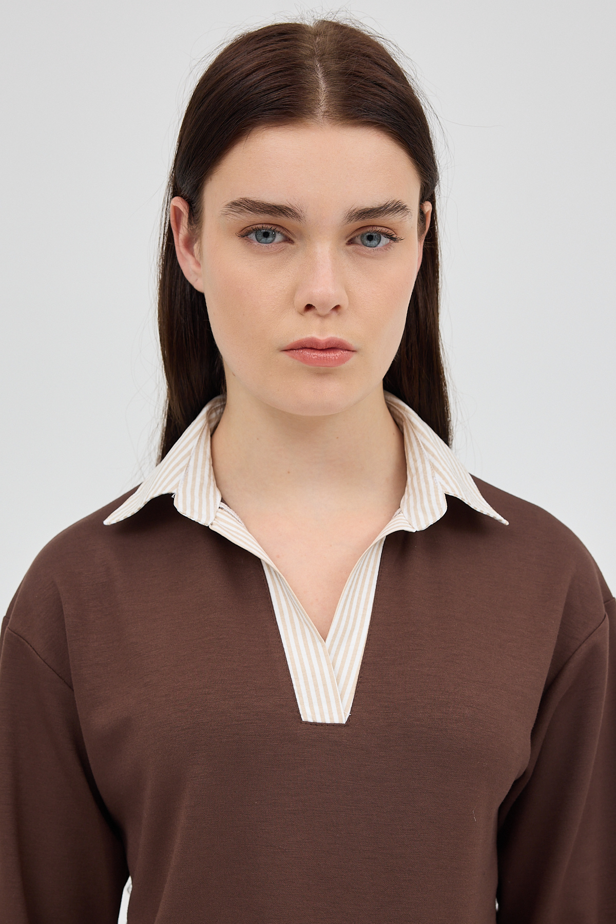 Kahve Gömlek Yaka Detaylı Triko Bluz 8241A - 7