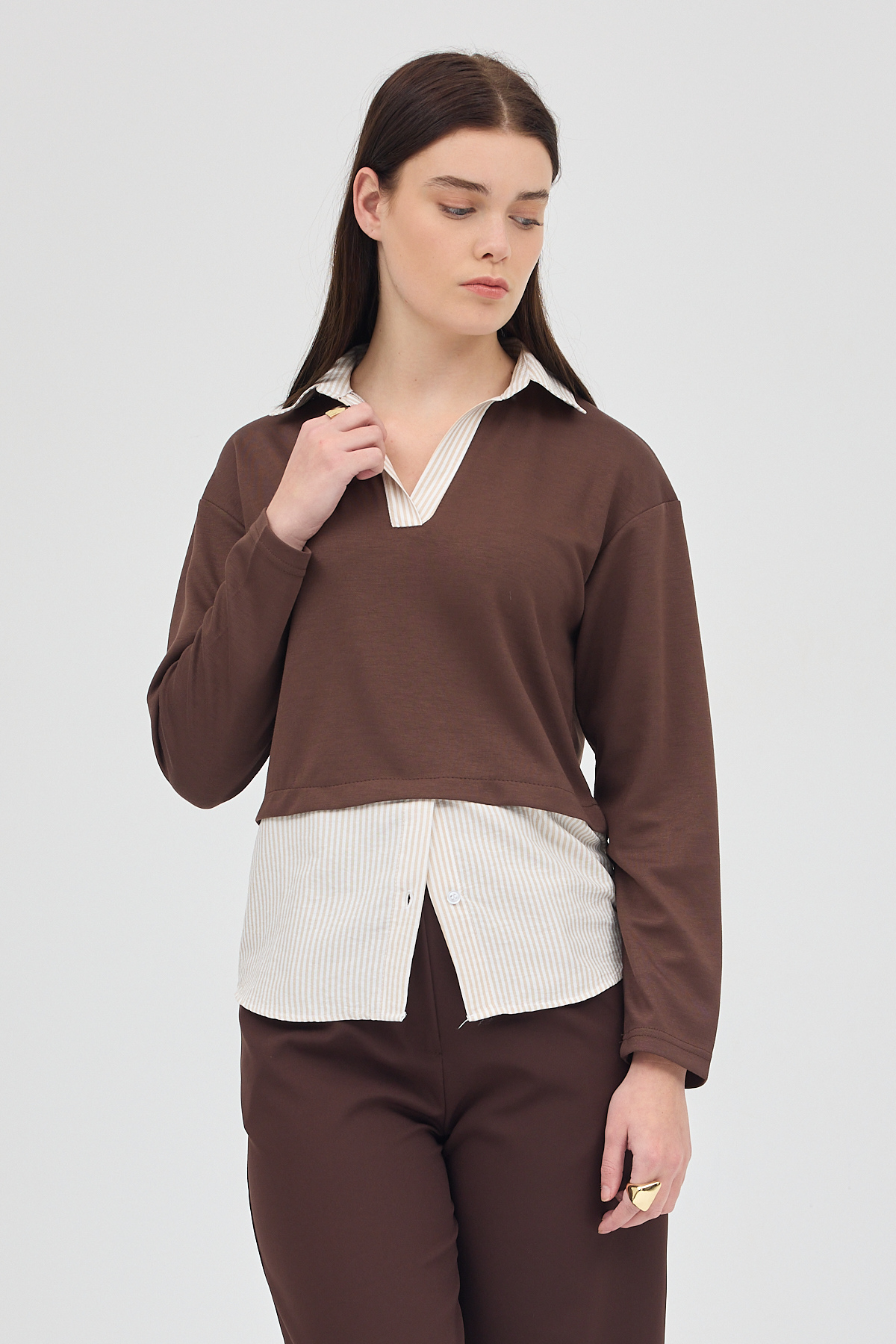 Kahve Gömlek Yaka Detaylı Triko Bluz 8241A - 1