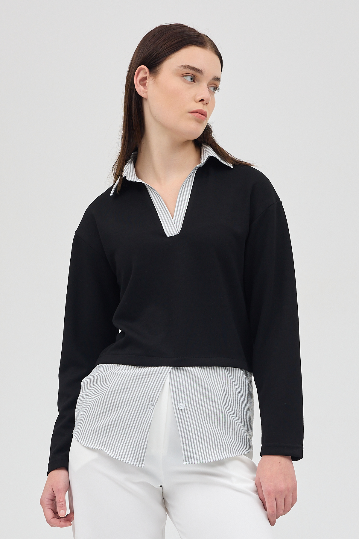 Siyah Gömlek Yaka Detaylı Triko Bluz 8241A - 6