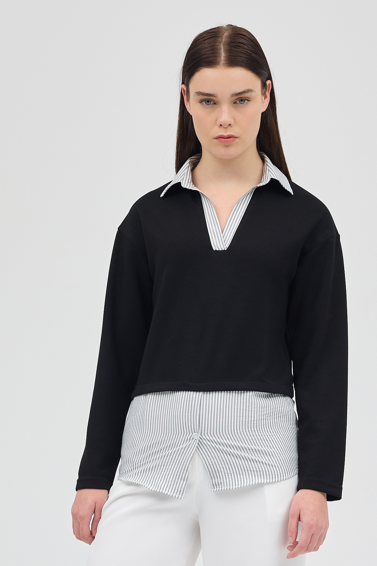 Siyah Gömlek Yaka Detaylı Triko Bluz 8241A - RAYS