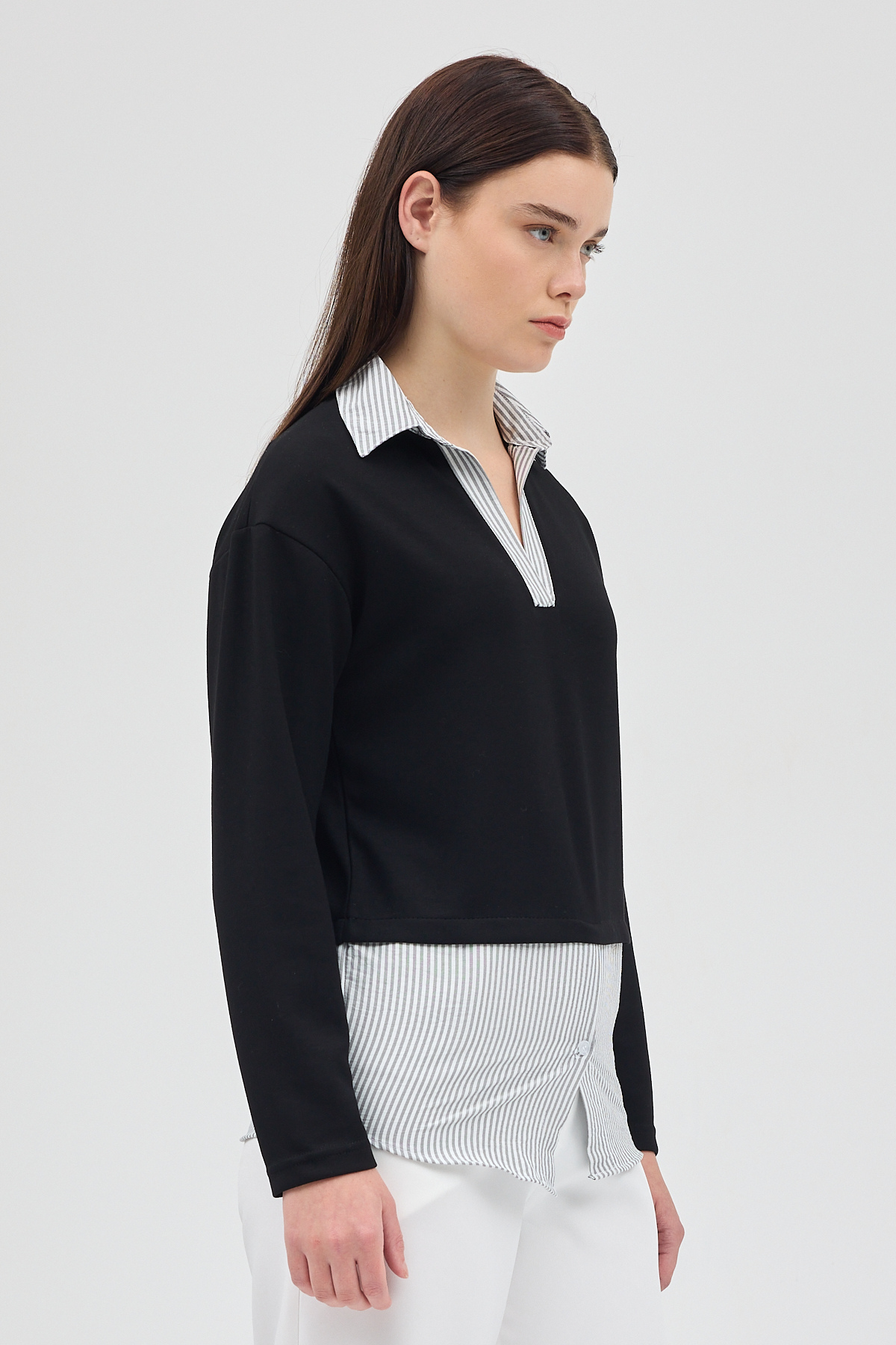 Siyah Gömlek Yaka Detaylı Triko Bluz 8241A - 2