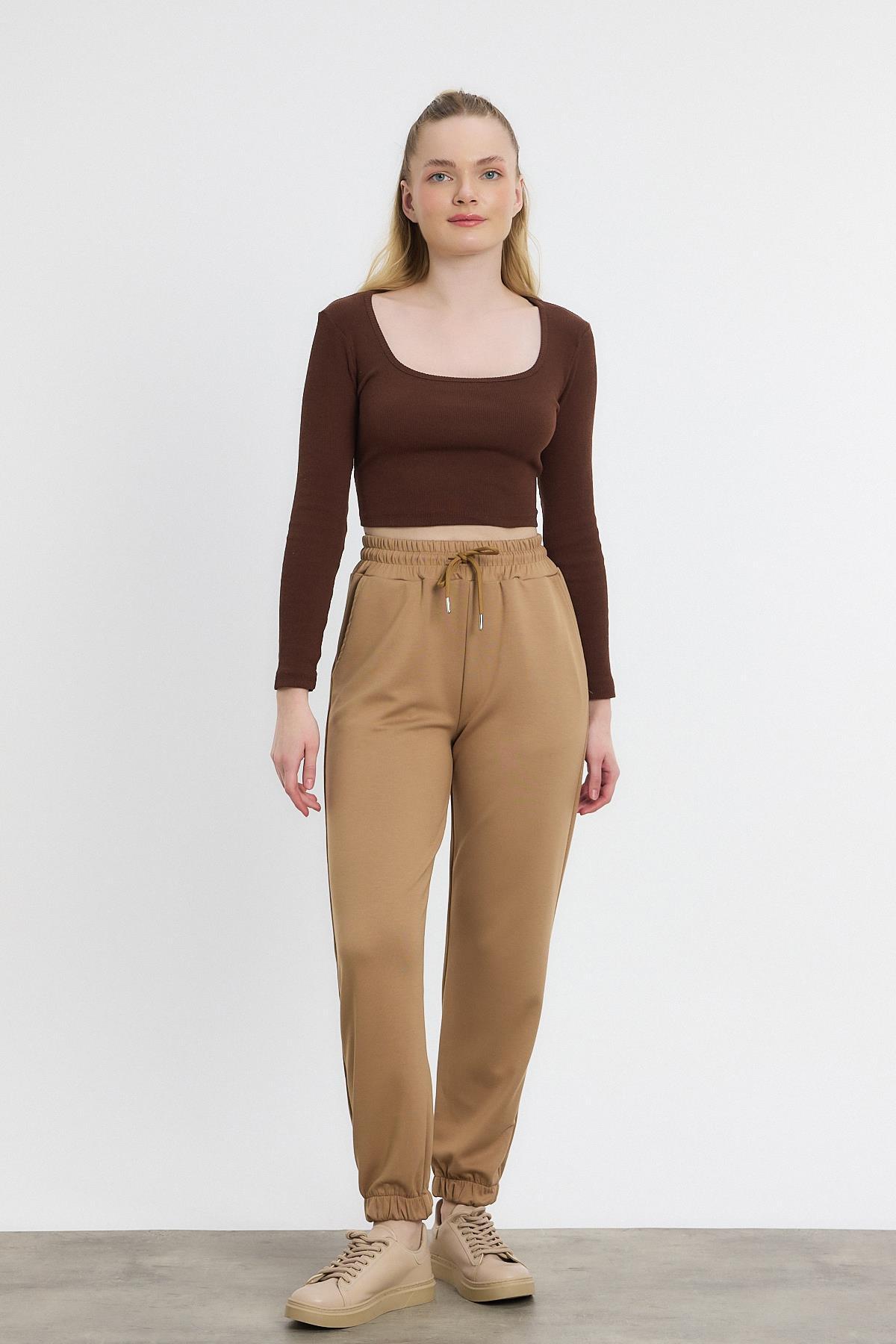 Yumuşak Dokulu Esnek Premium Kumaş Rahat Kalıp Eşofman Altı Camel - 1