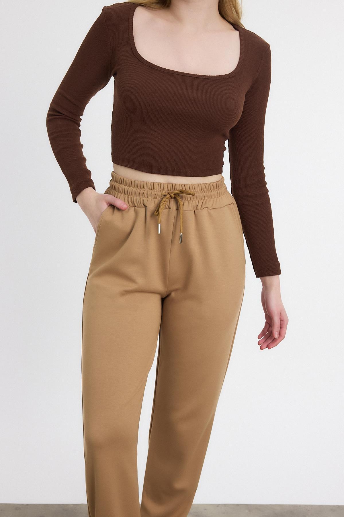 Yumuşak Dokulu Esnek Premium Kumaş Rahat Kalıp Eşofman Altı Camel - 8242 - 4