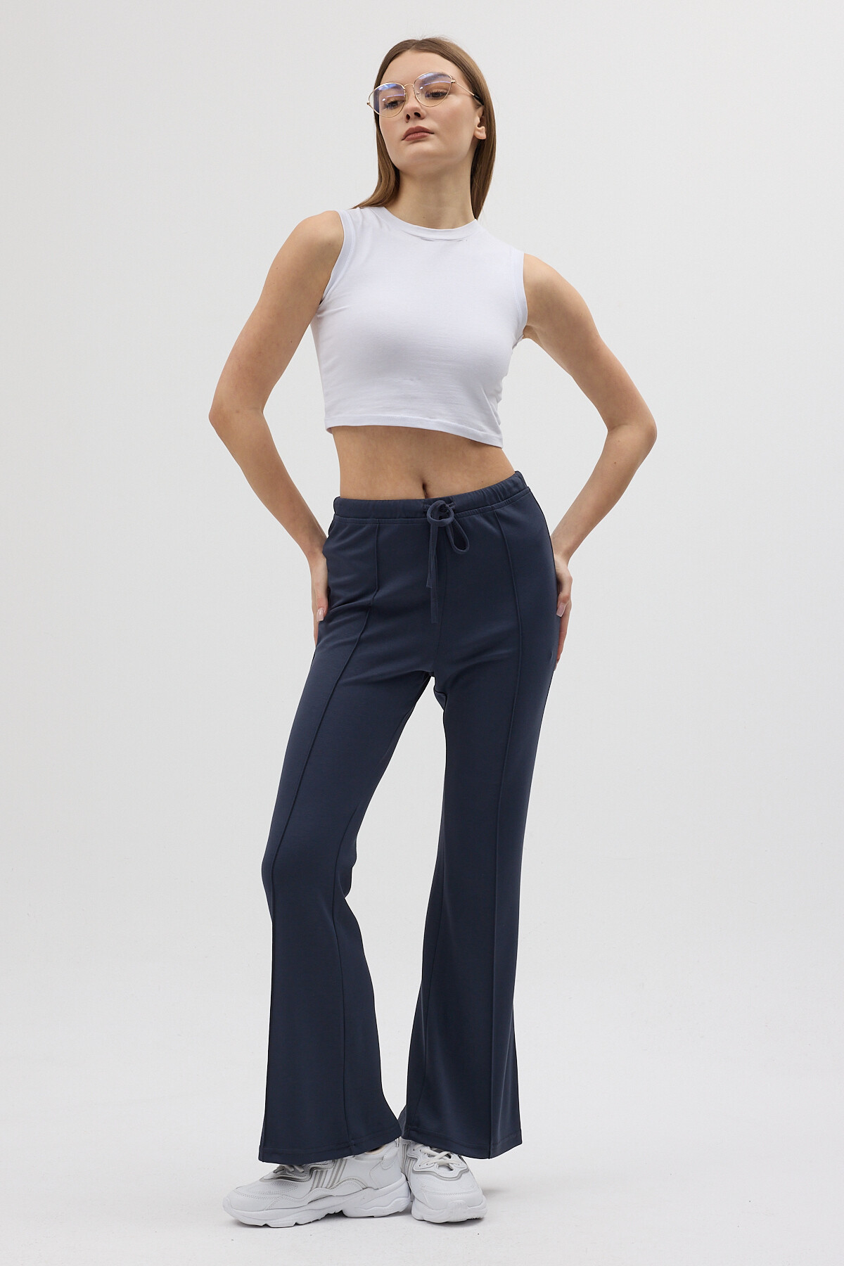 Antrasit Geniş Paça Beli Bağcıklı Kadın Pantolon 8246A - 1