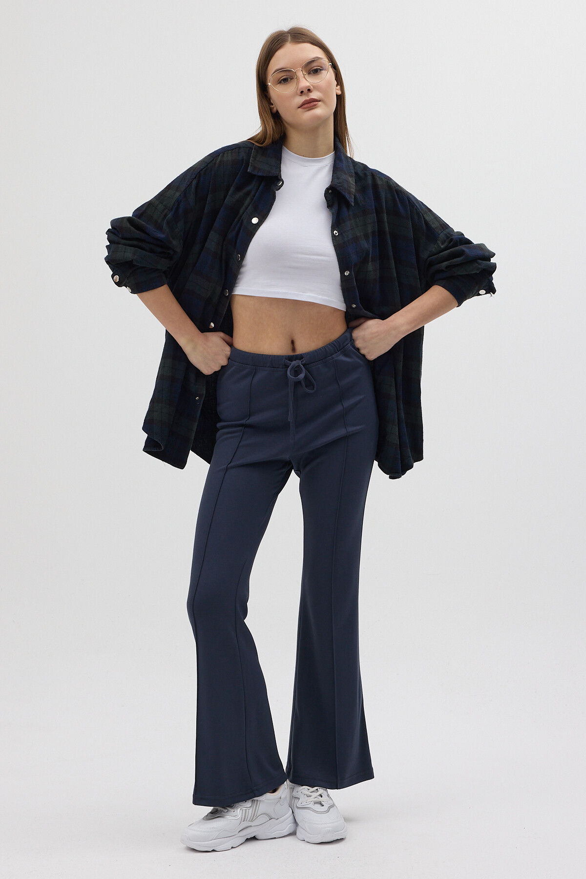 Antrasit Geniş Paça Beli Bağcıklı Kadın Pantolon 8246A - 6